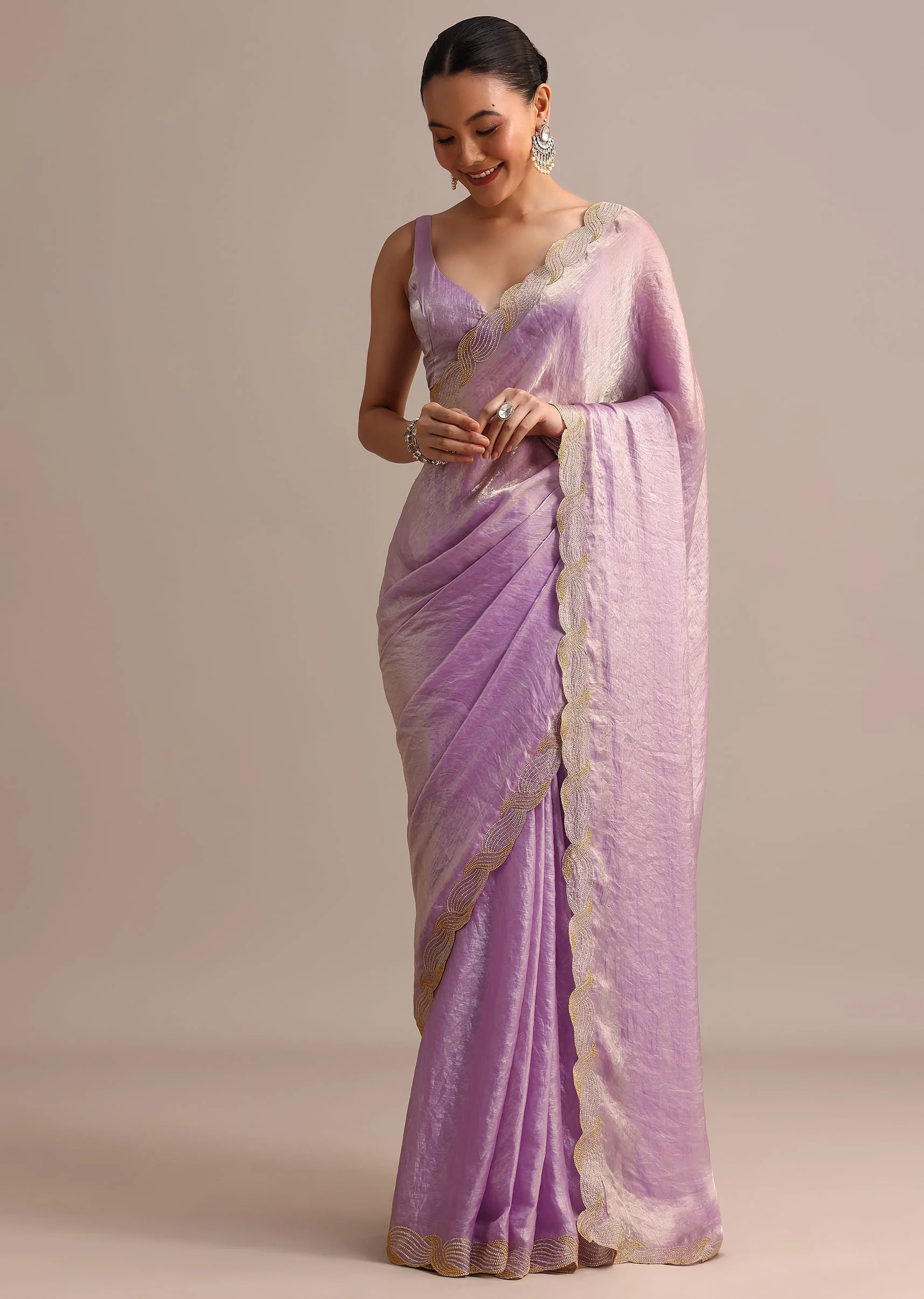 Lavender Tissue Saree With Zari Embroidered Border - Image 5