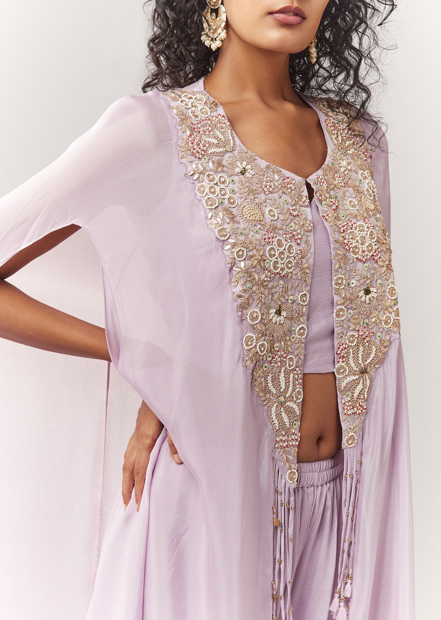 Lavender Zardosi And Moti Work Cape Set With Palazzo - Image 2