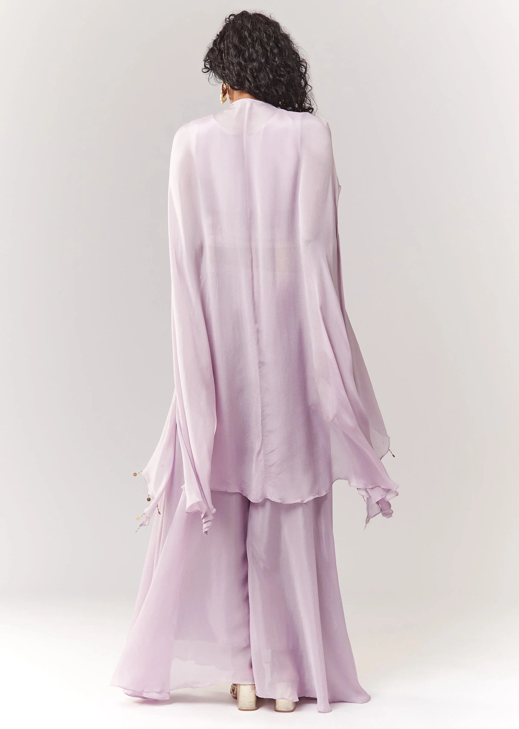 Lavender Zardosi And Moti Work Cape Set With Palazzo - Image 5