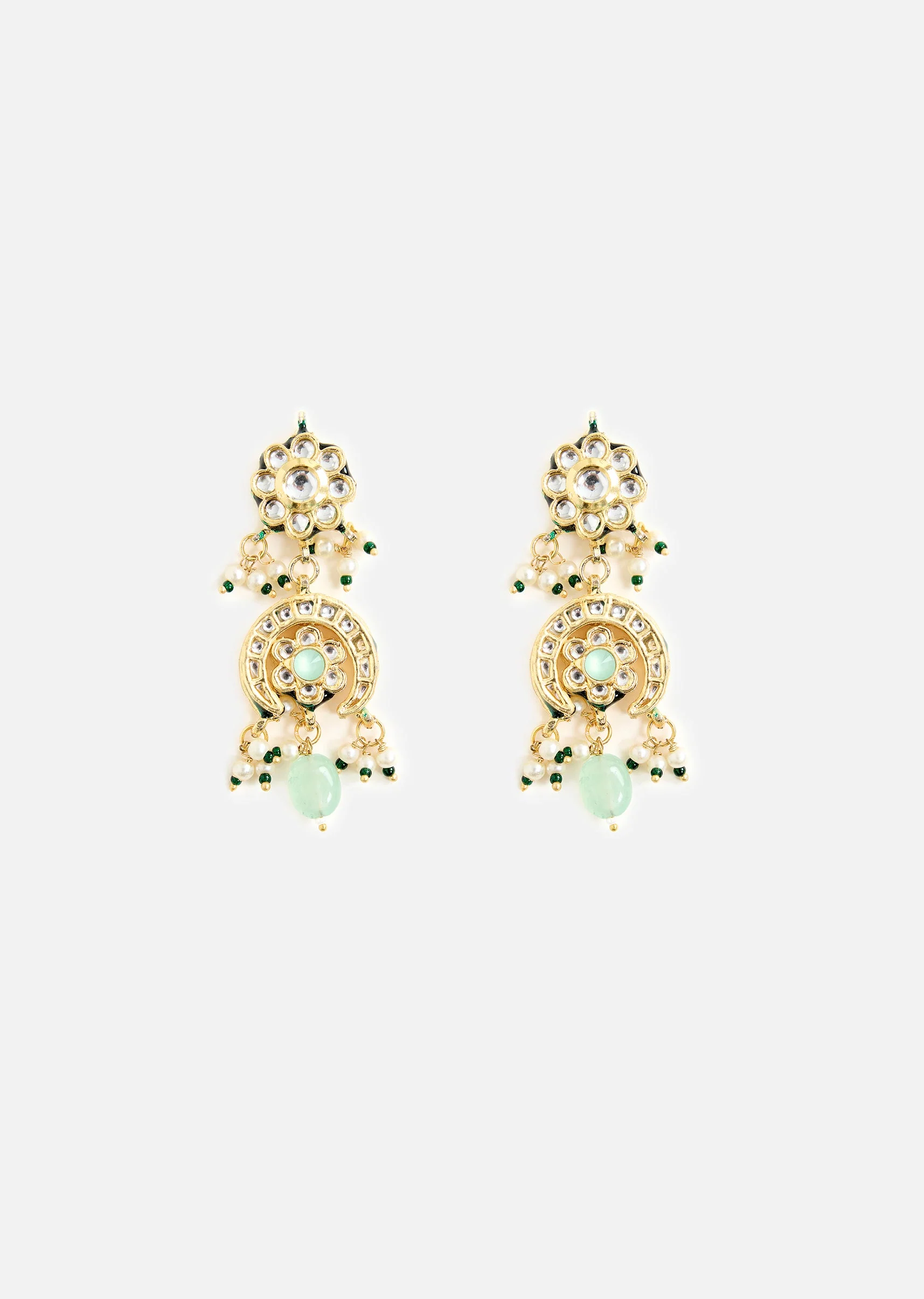 Layered Pearl Necklace And Earring Set With Gold Tone Motifs and Green Stone Accents - Image 4
