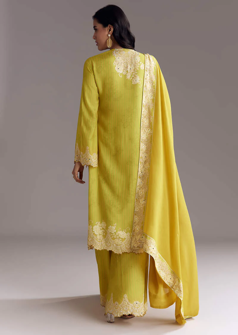 Lemon Green Printed Palazzo Set With Mirror Work - Image 5