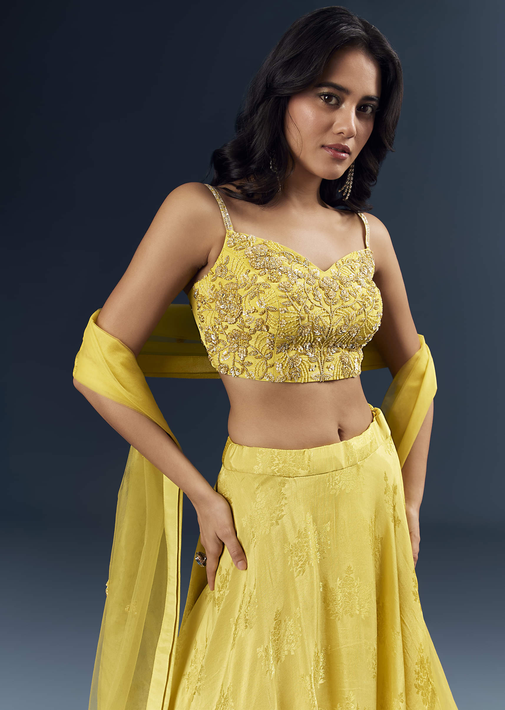 Lemon Yellow Banarasi Silk Bridesmaid Lehenga With Heavy Hand Embroidery - Image 5