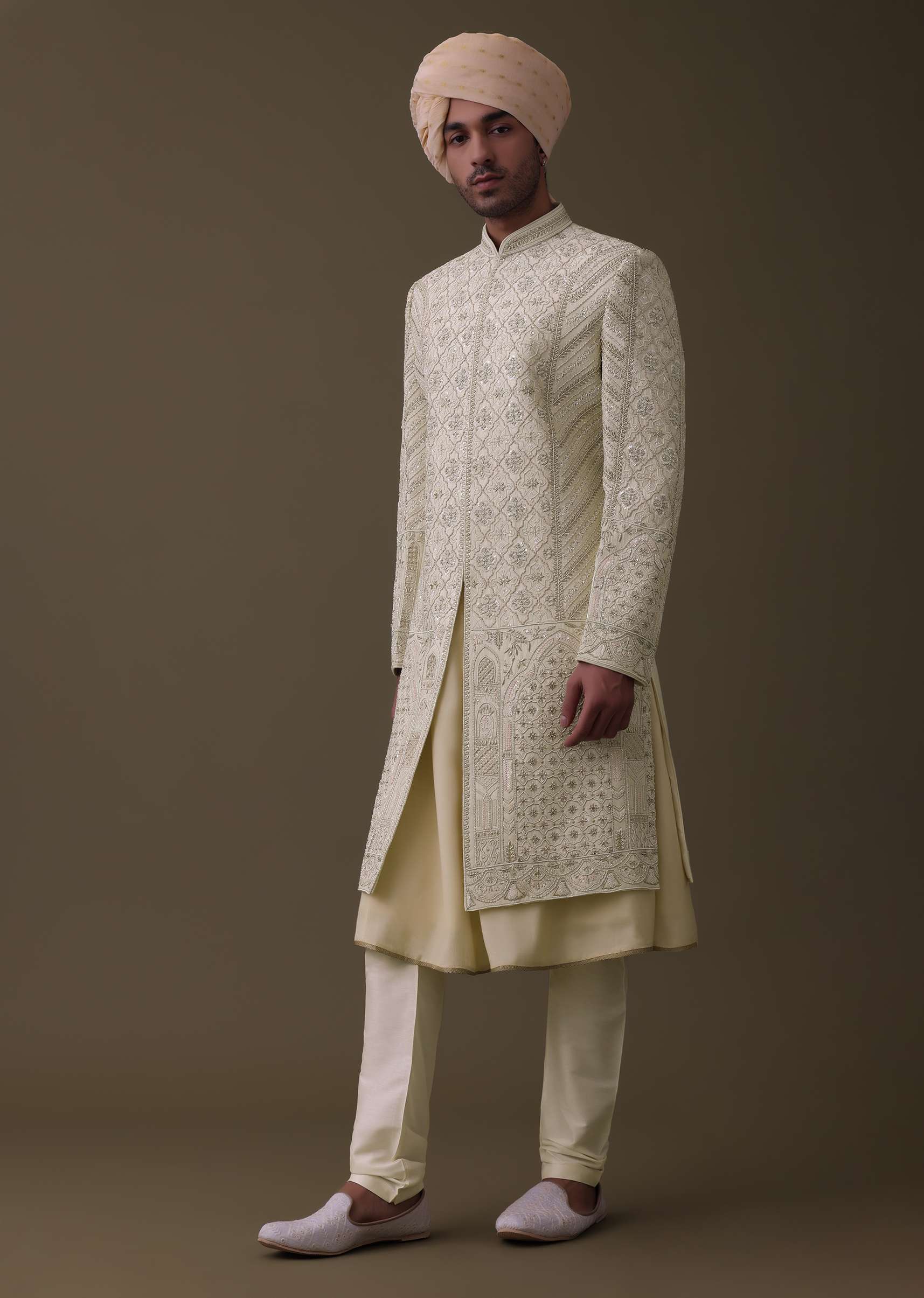 Lemon Yellow Embroidered Sherwani Set In Silk With Mala And Anarkali Line Kurta - Image 3