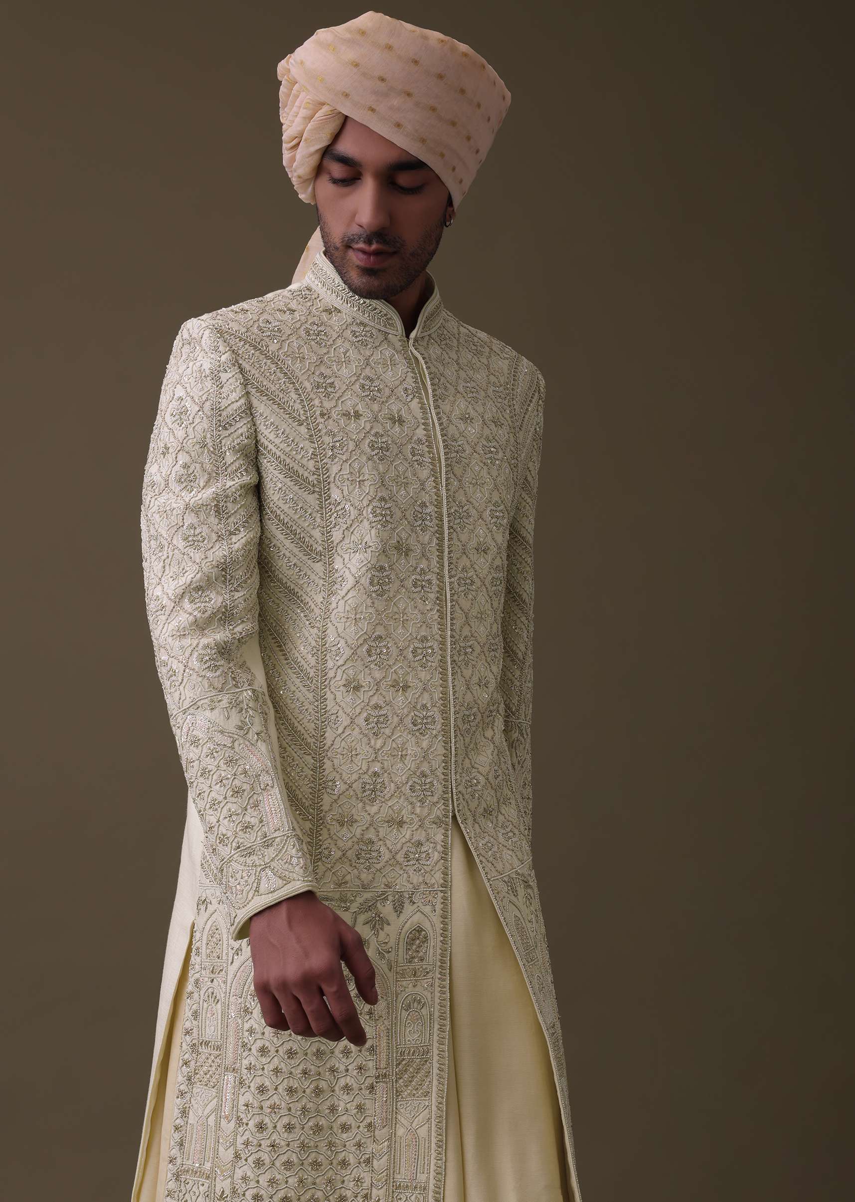 Lemon Yellow Embroidered Sherwani Set In Silk With Mala And Anarkali Line Kurta - Image 4
