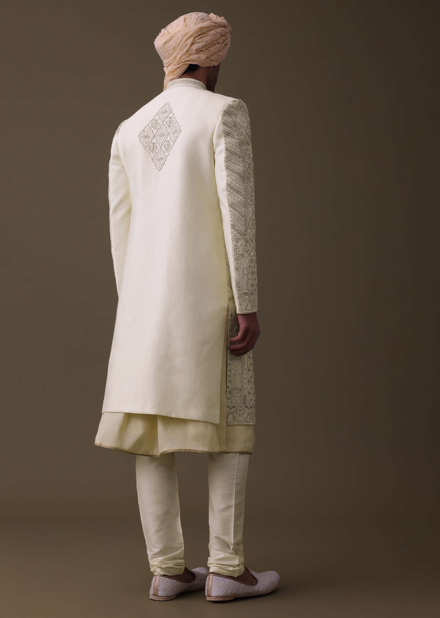 Lemon Yellow Embroidered Sherwani Set In Silk With Mala And Anarkali Line Kurta - Image 5