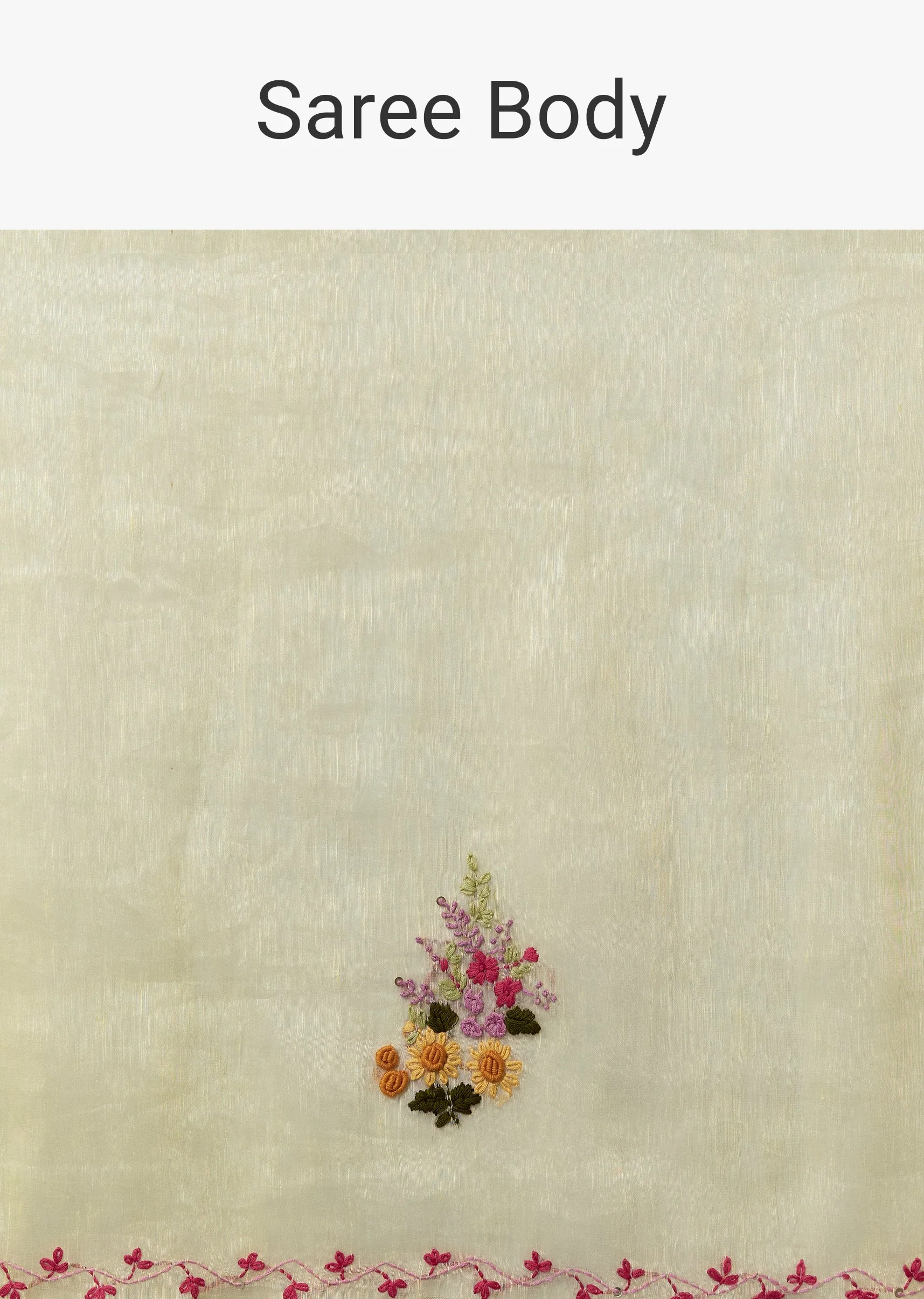 Lemon Yellow Linen Saree With Resham Thread Floral Embroidery - Image 9