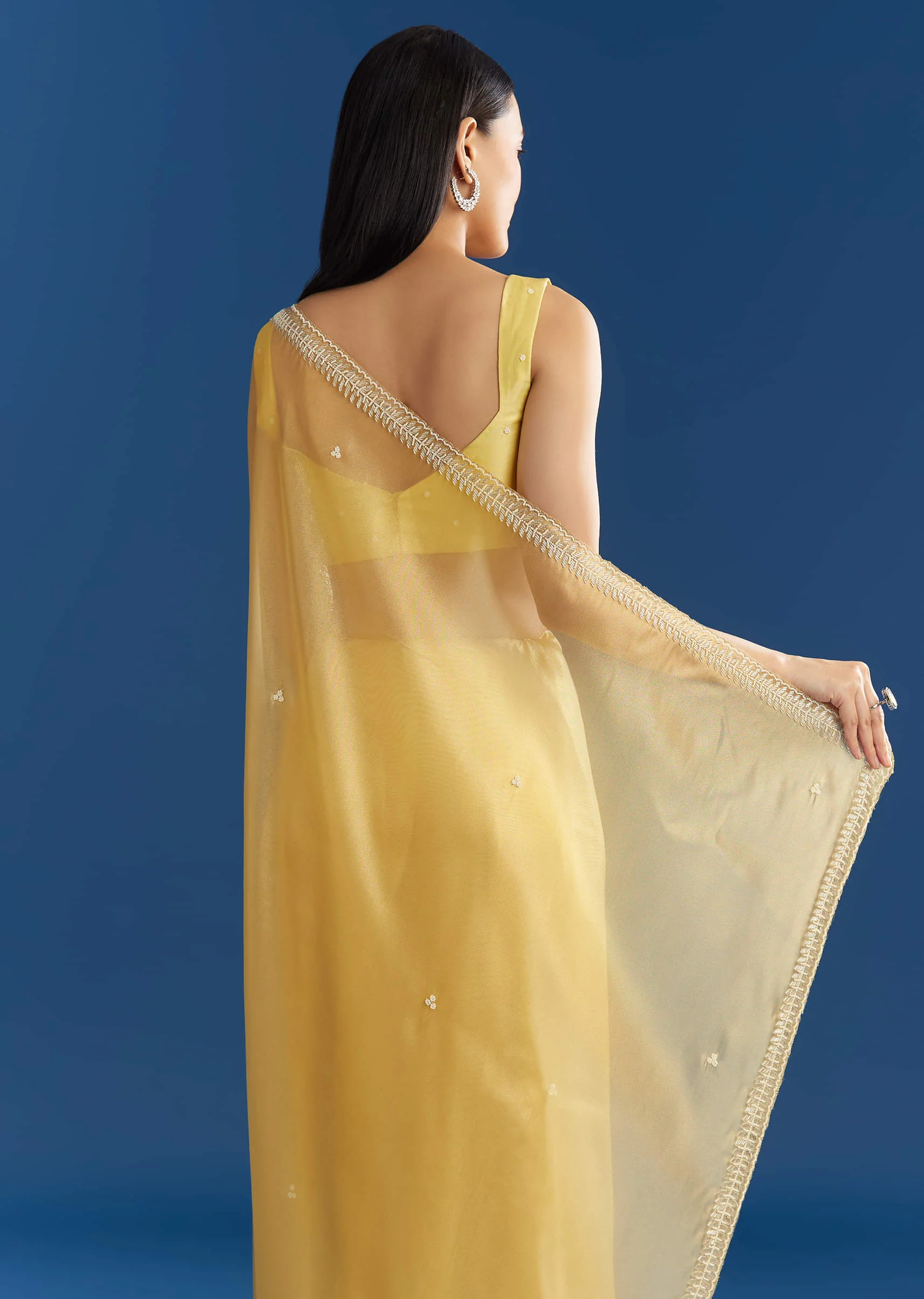 Lemon Yellow Organza Tissue Saree With Beaded Border - Image 4