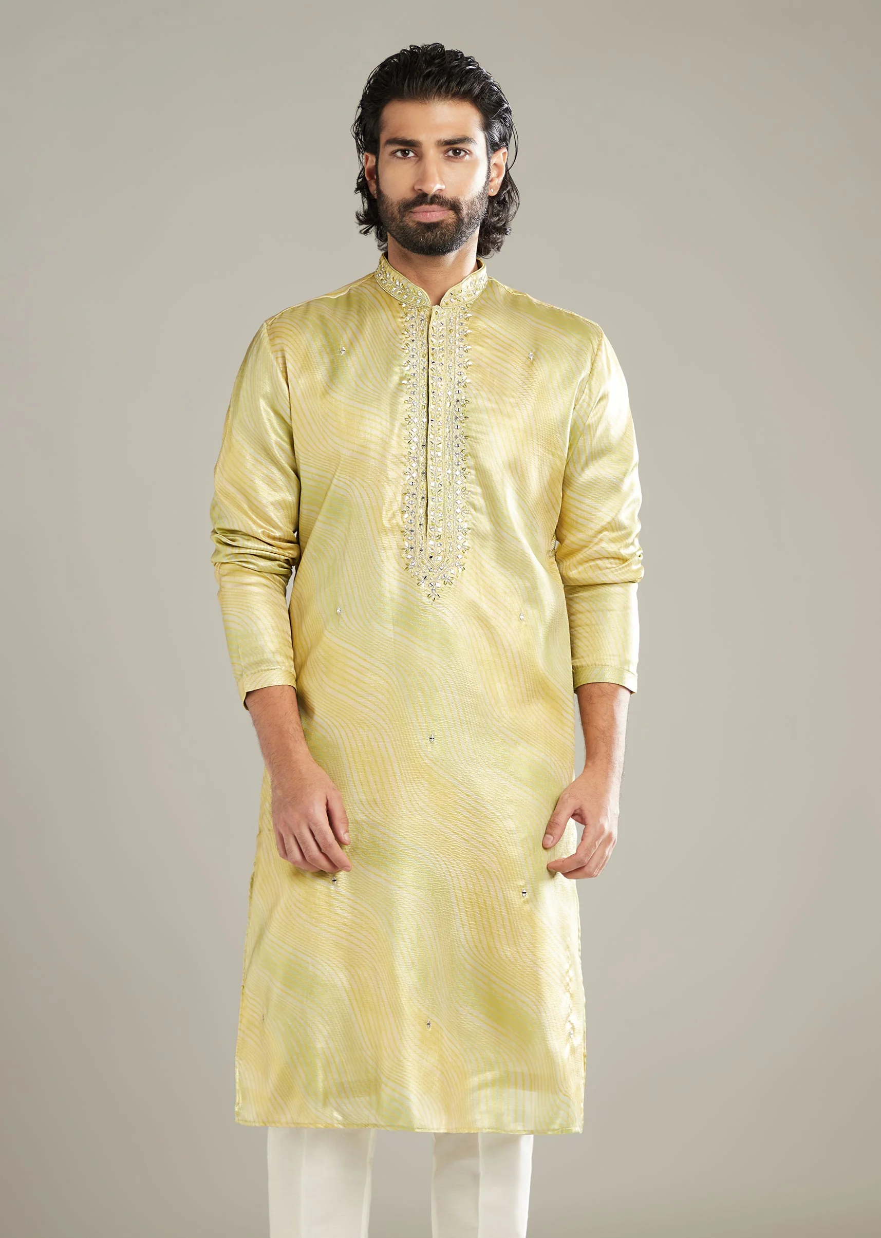 Lemon Yellow Silk Kurta Set For Men With Mirror Work - Image 4