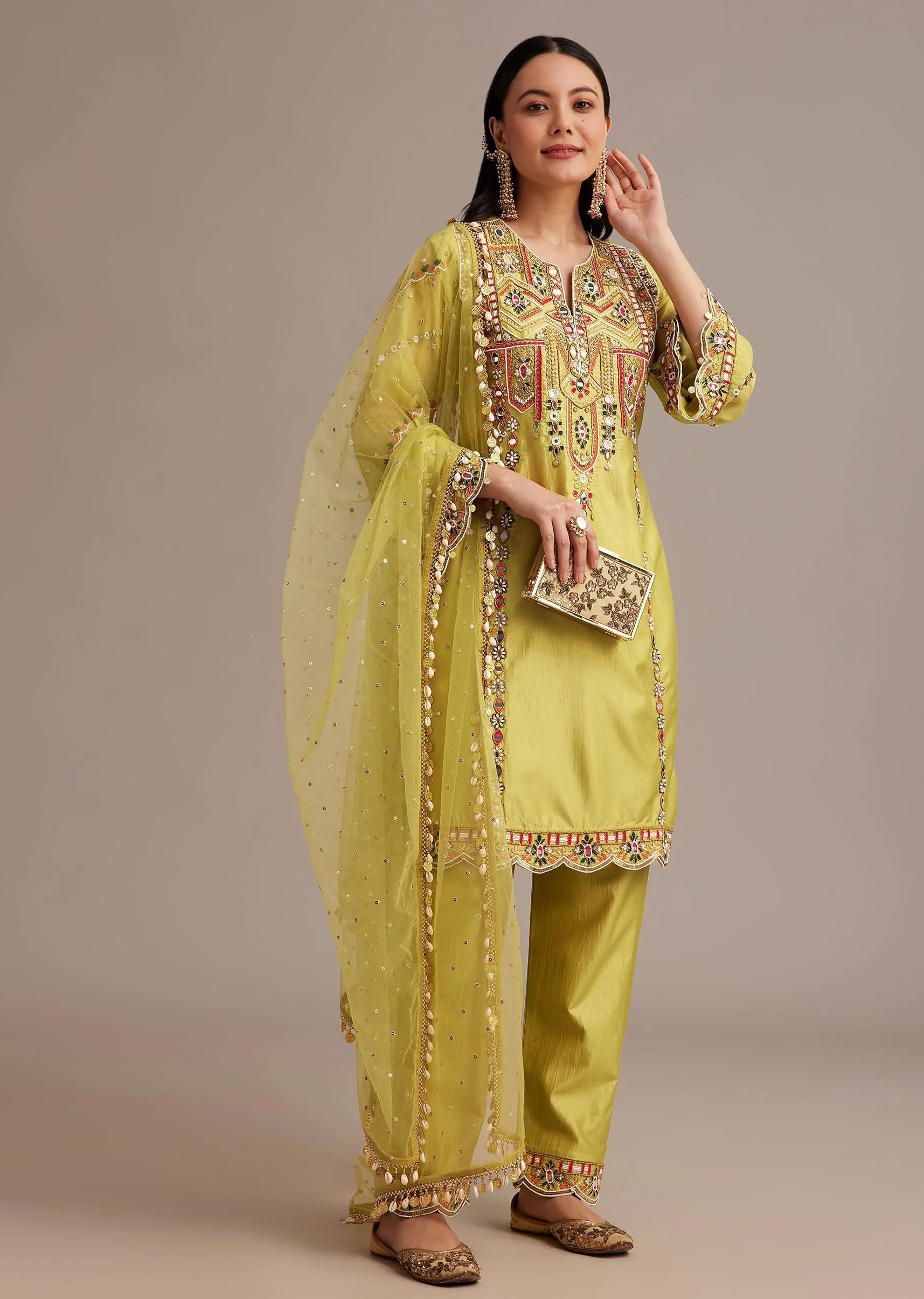 Lemon Yellow Silk Kurta Set With Mirror And Thread Work - Image 3