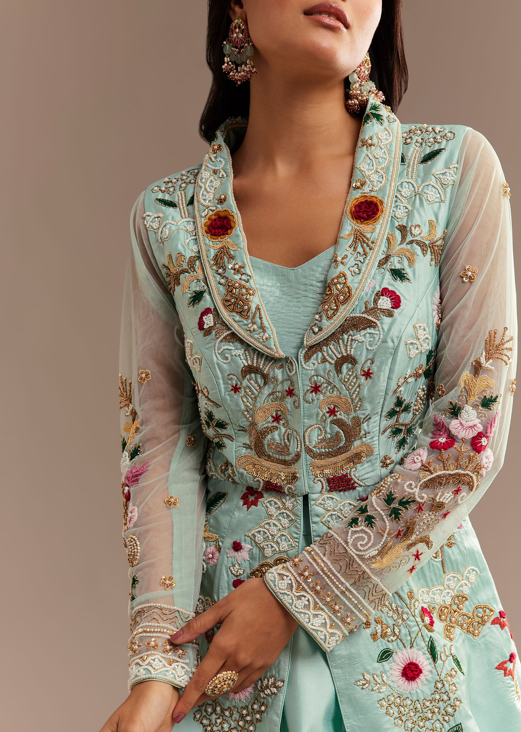 Light Aqua Blue Zardosi Embroidered Jacket Lehenga Set - Image 2