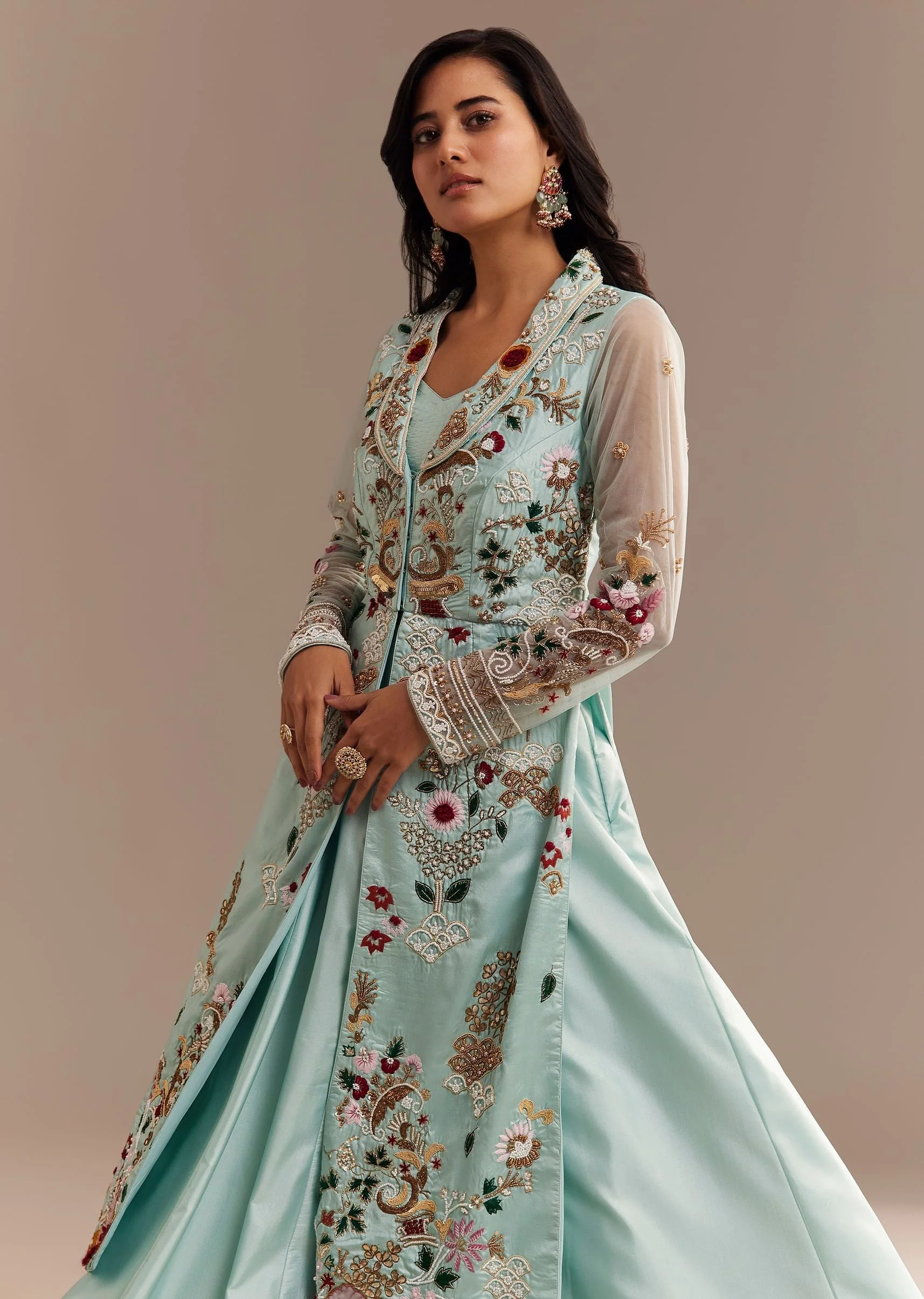 Light Aqua Blue Zardosi Embroidered Jacket Lehenga Set - Image 5
