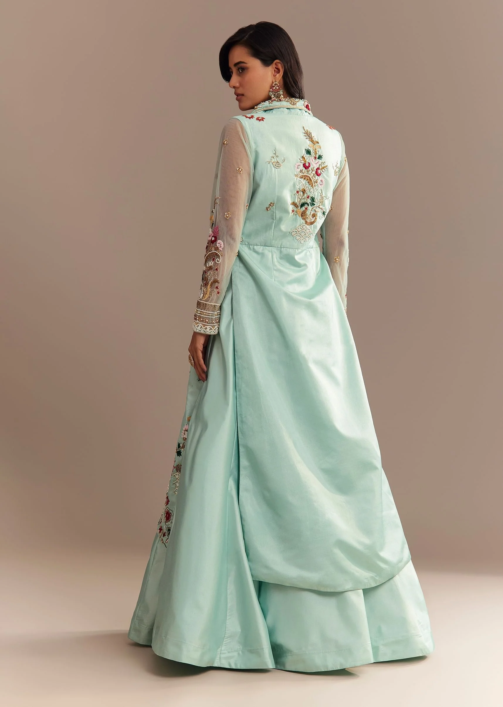 Light Aqua Blue Zardosi Embroidered Jacket Lehenga Set - Image 6