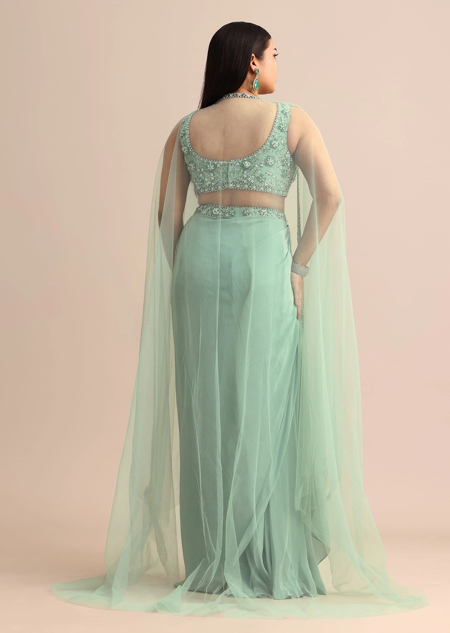 Light Aqua Draped Skirt With Net Cape - Image 5