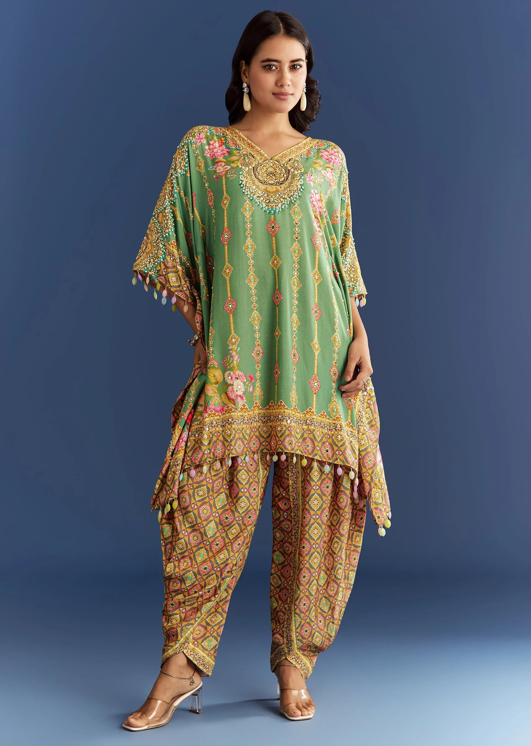 Light Aqua Green Cotton Muslin Kaftaan With Printed Dhoti - Image 3