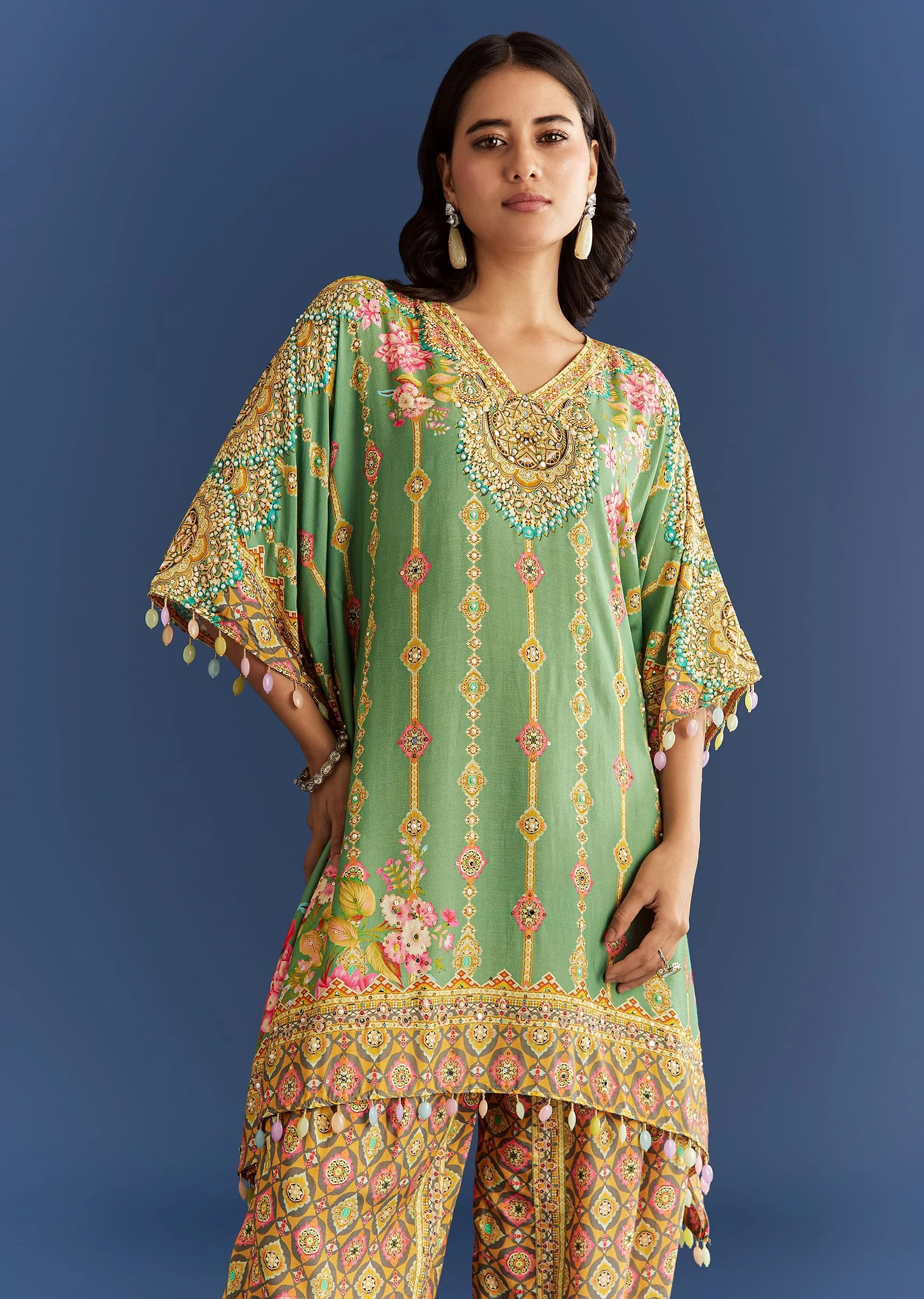 Light Aqua Green Cotton Muslin Kaftaan With Printed Dhoti - Image 4