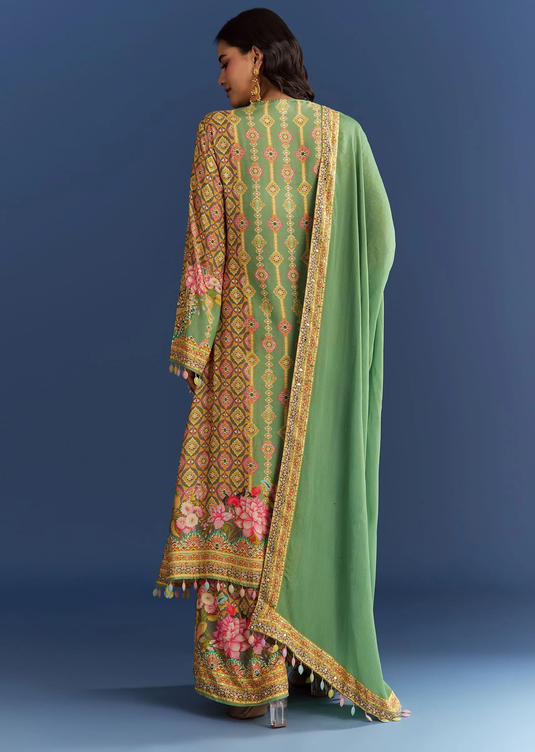 Light Aqua Green Cotton Muslin Kurta Dupatta With Printed Palazzo - Image 5