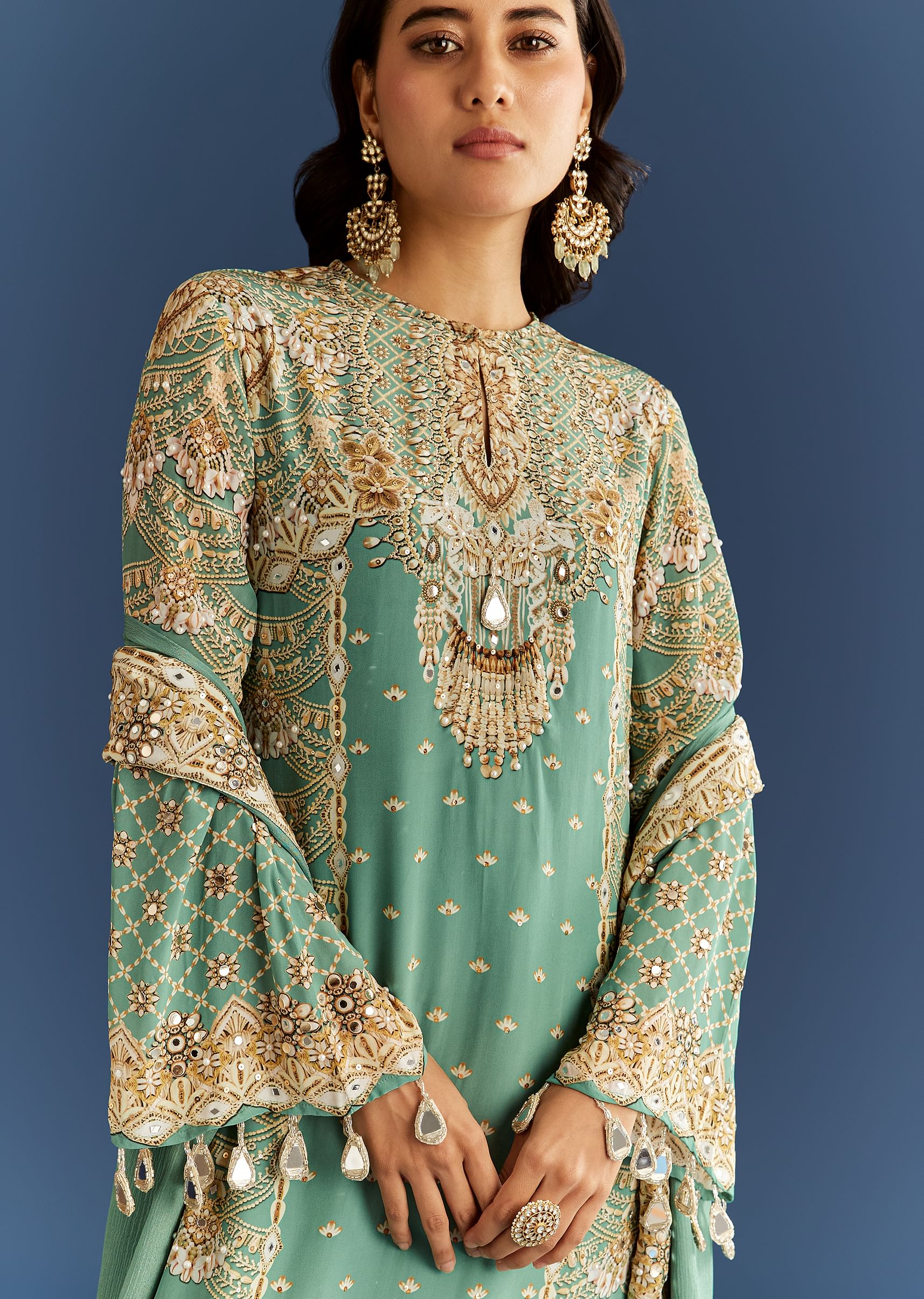 Light Aqua Green Crepe Printed Kurta Palazzo With Dupatta - Image 2