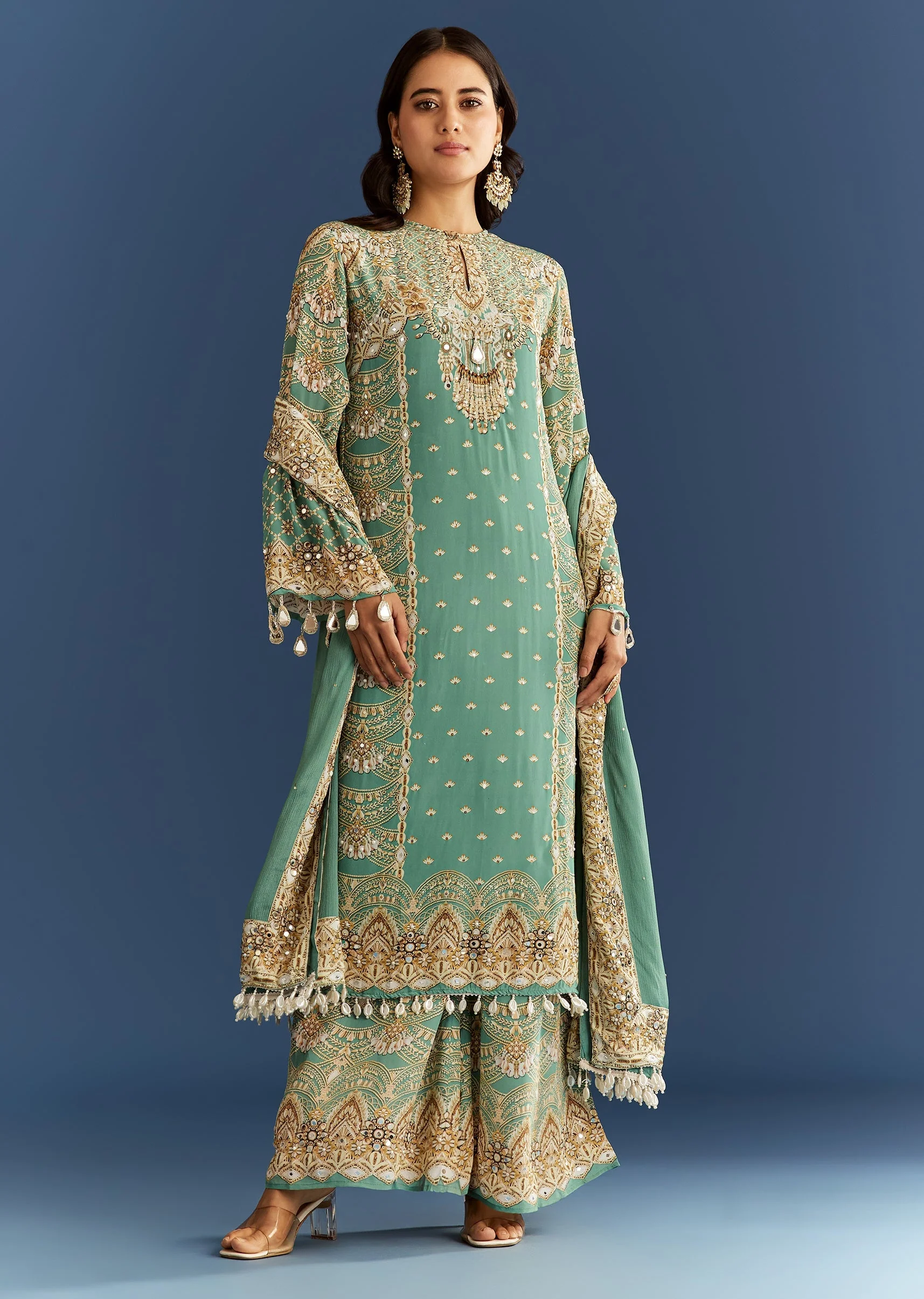 Light Aqua Green Crepe Printed Kurta Palazzo With Dupatta - Image 3