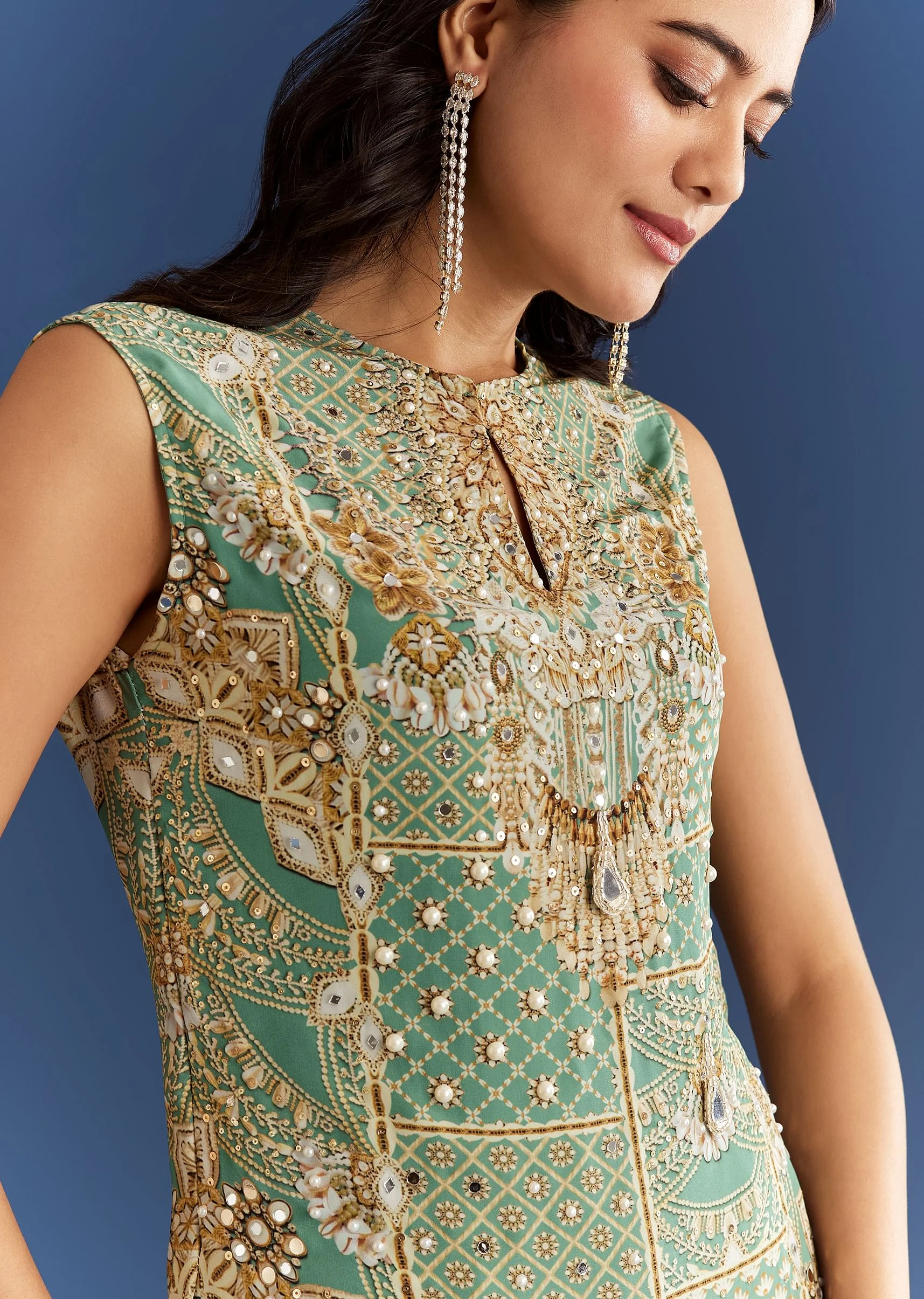 Light Aqua Green Crepe Printed Kurta Pant With Shell Tassels - Image 2