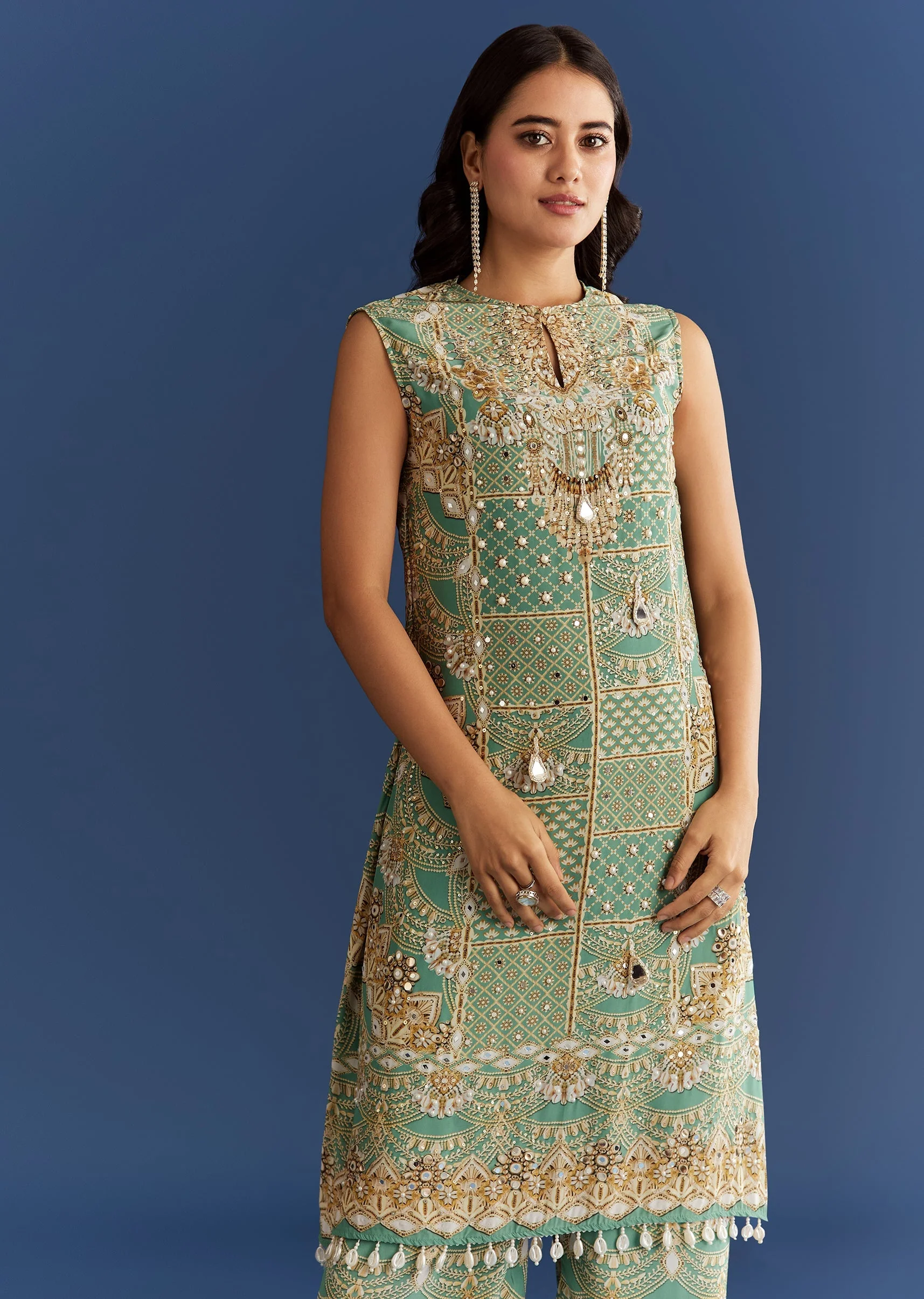 Light Aqua Green Crepe Printed Kurta Pant With Shell Tassels - Image 4
