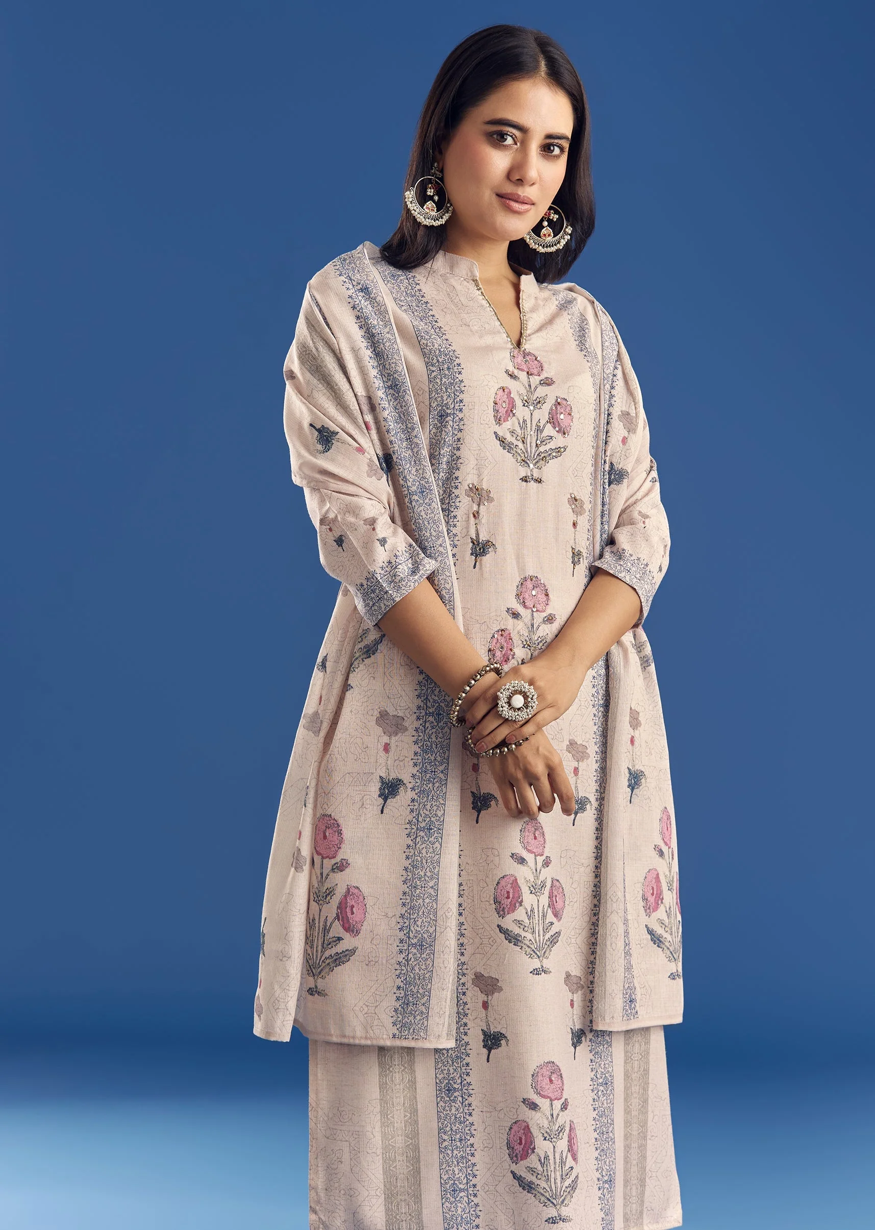 Light Beige Block Print Cotton Kurta Set With Mirror Work - Image 2