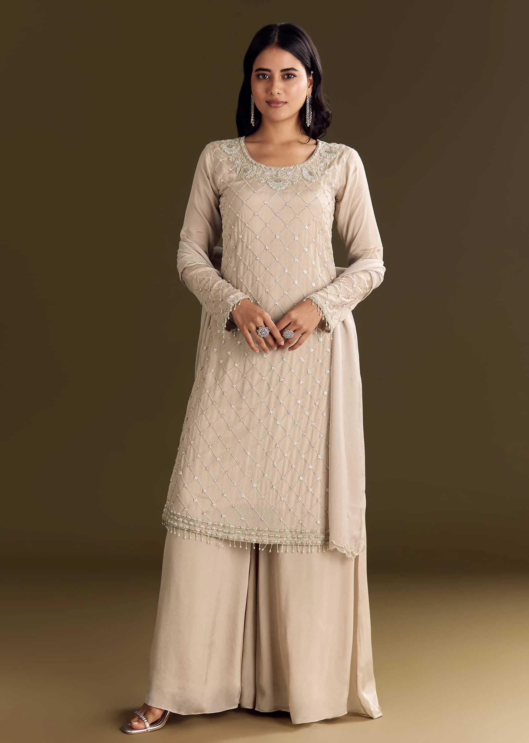 Light Beige Chinon Kurta Palazzo With Scallop Cutdana Dupatta - Image 4