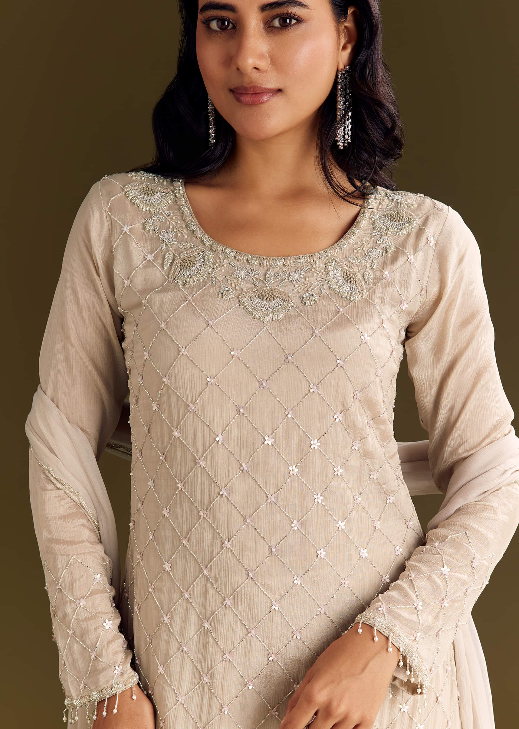 Light Beige Chinon Kurta Palazzo With Scallop Cutdana Dupatta - Image 7