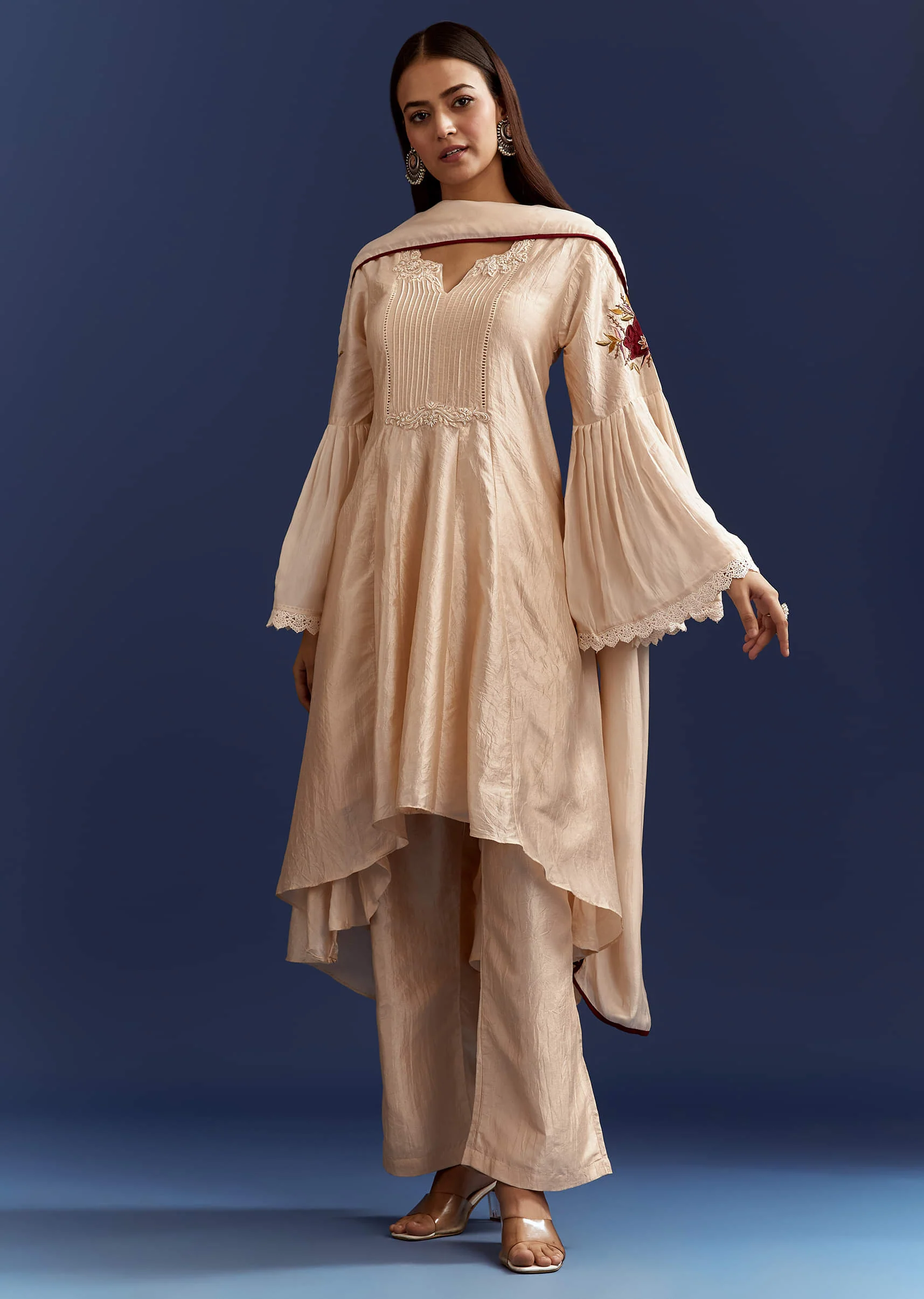 Light Beige High Low Kurta With Cut Dana Beads And Applique Work In Fuji Silk - Image 2