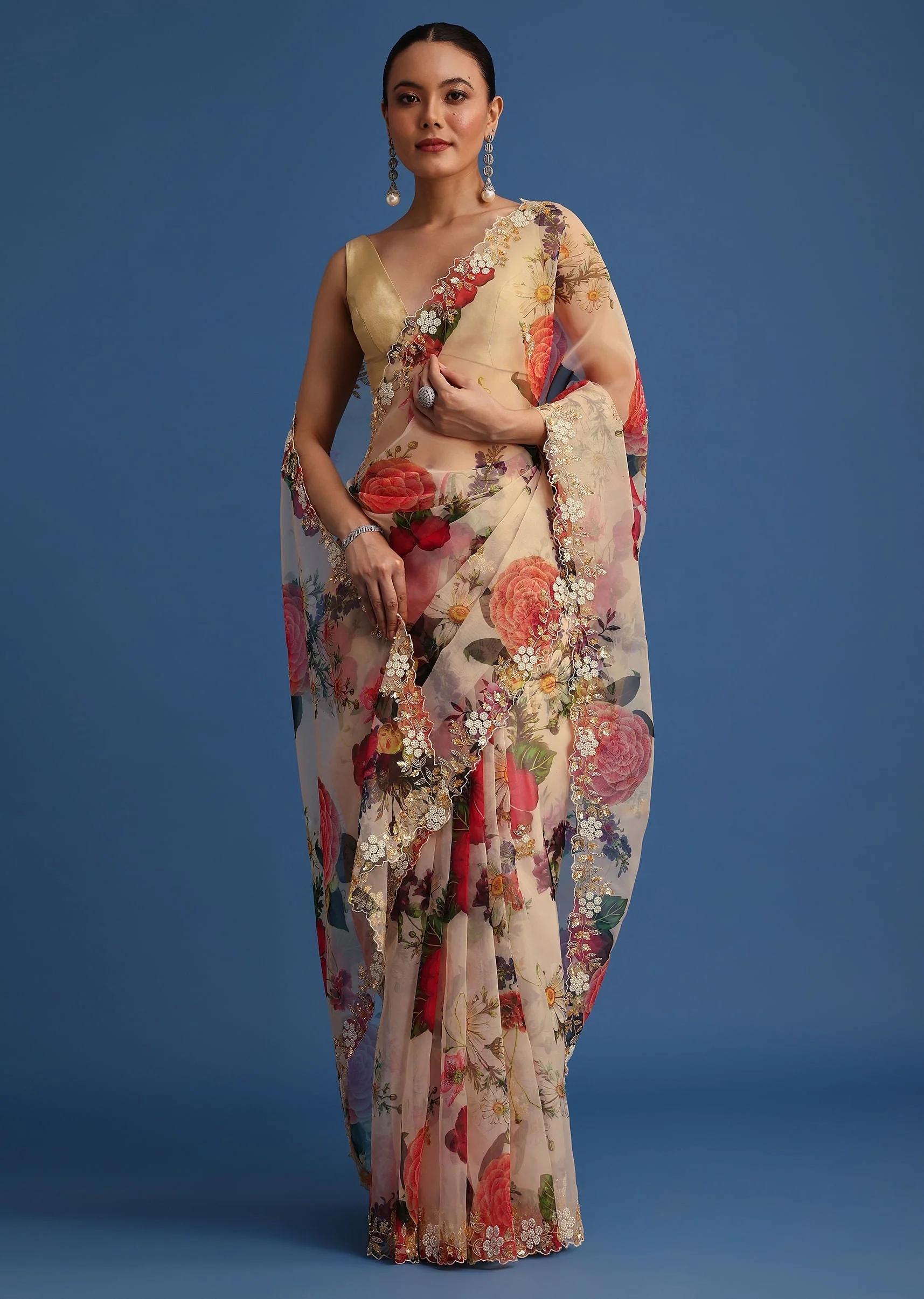 Light beige Organza Floral Printed Saree With Embroidered Border - Image 3