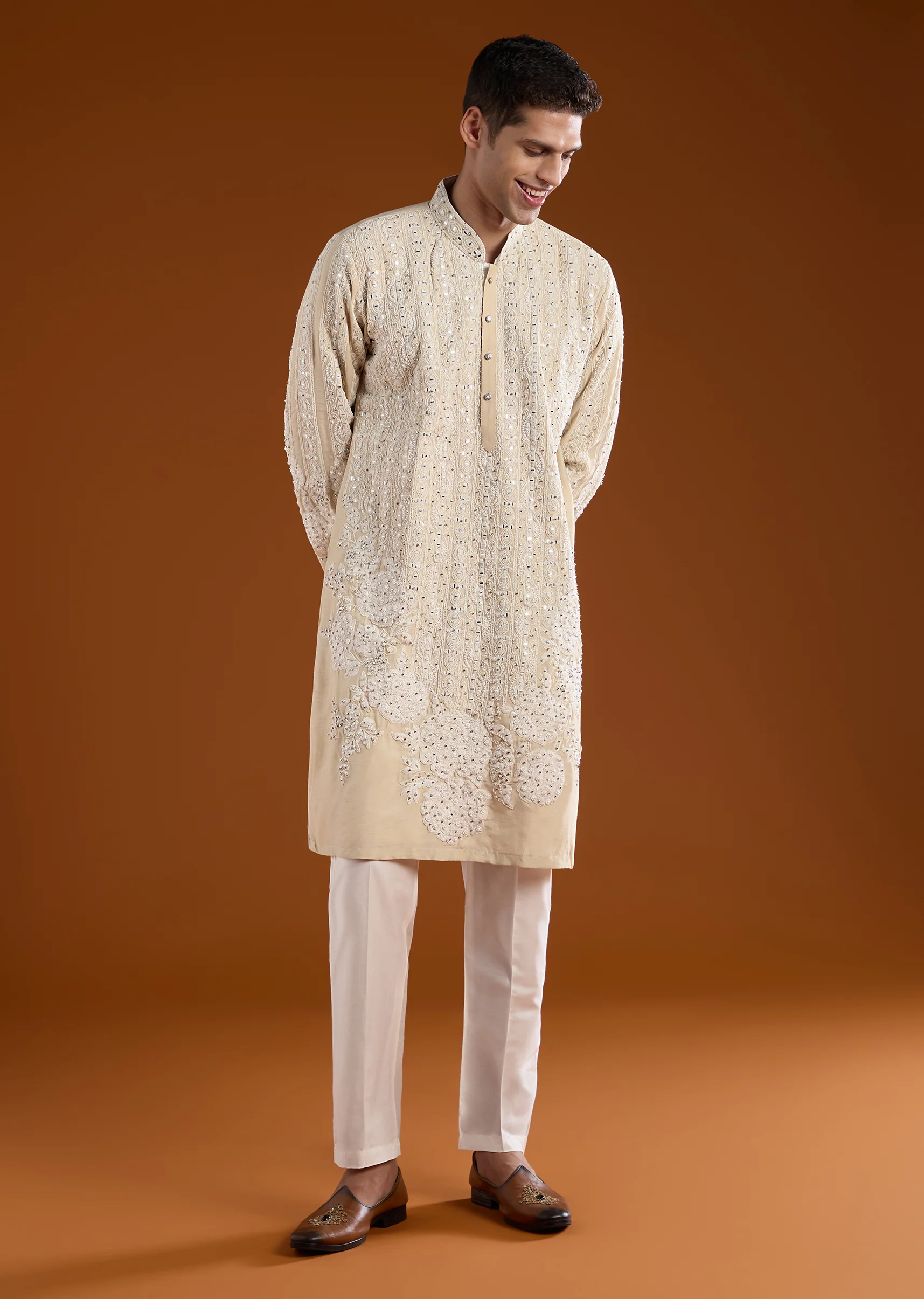 Light Beige Silk Embroidered Kurta Set