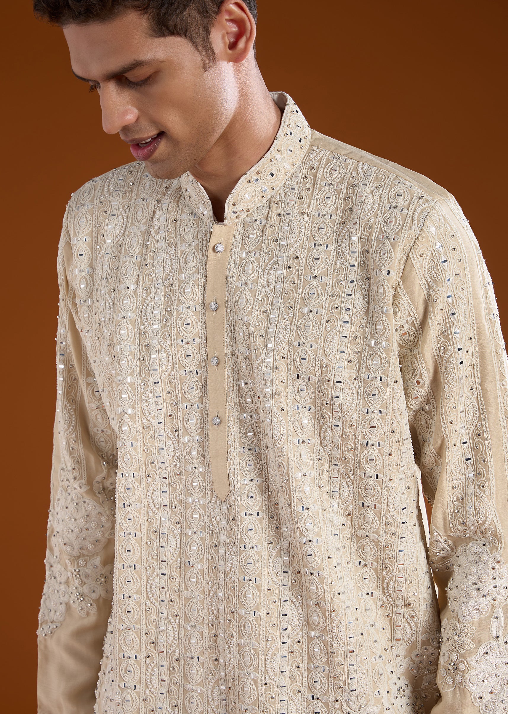 Light Beige Silk Embroidered Kurta Set - Image 2