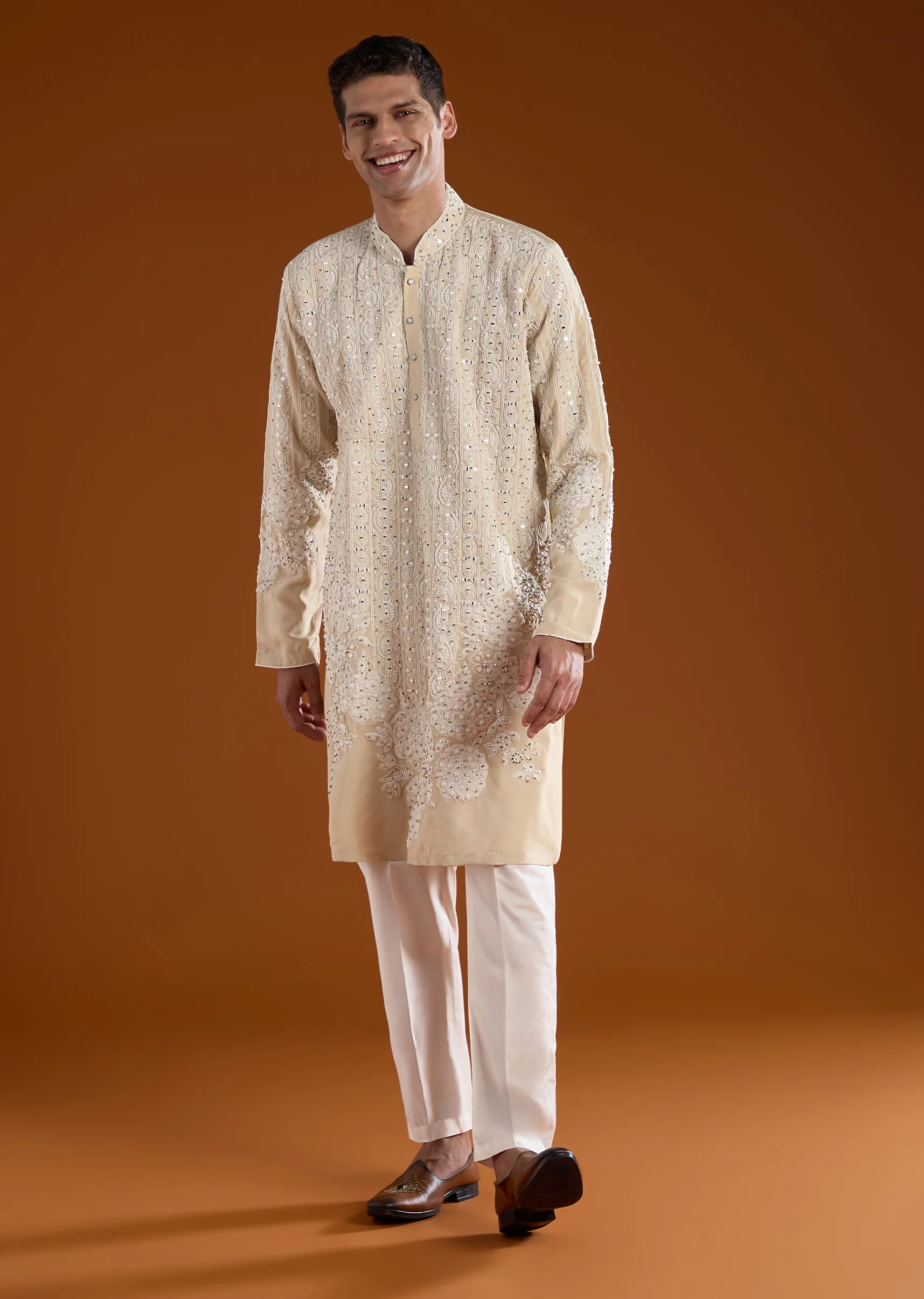 Light Beige Silk Embroidered Kurta Set - Image 3