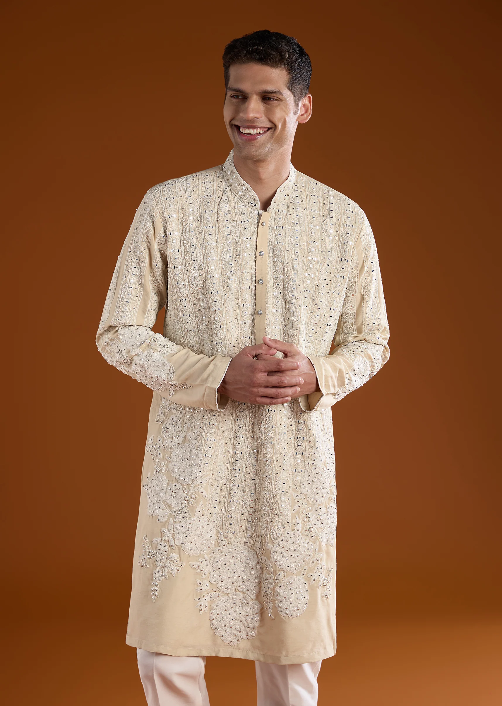 Light Beige Silk Embroidered Kurta Set - Image 4