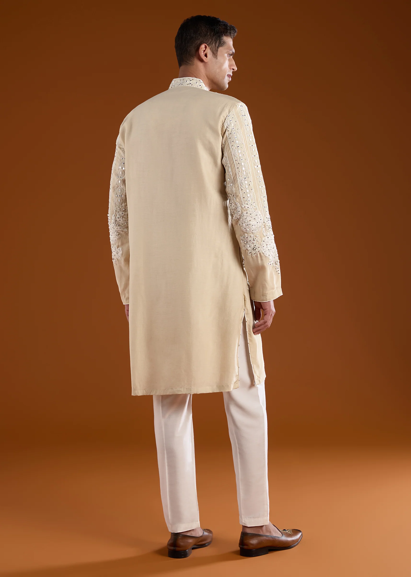 Light Beige Silk Embroidered Kurta Set - Image 5