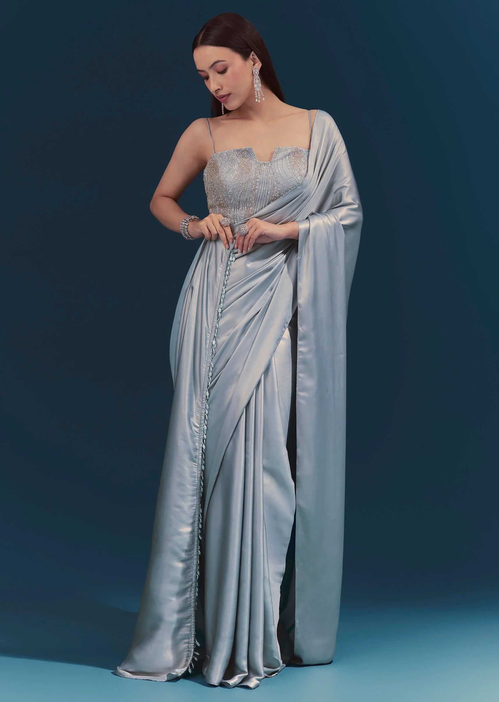 Light Blue Corset Blouse With Unstitched Saree - Image 4