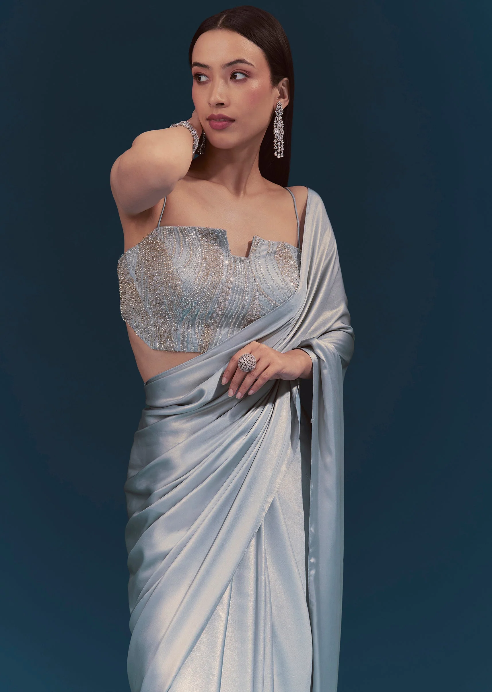 Light Blue Corset Blouse With Unstitched Saree - Image 5
