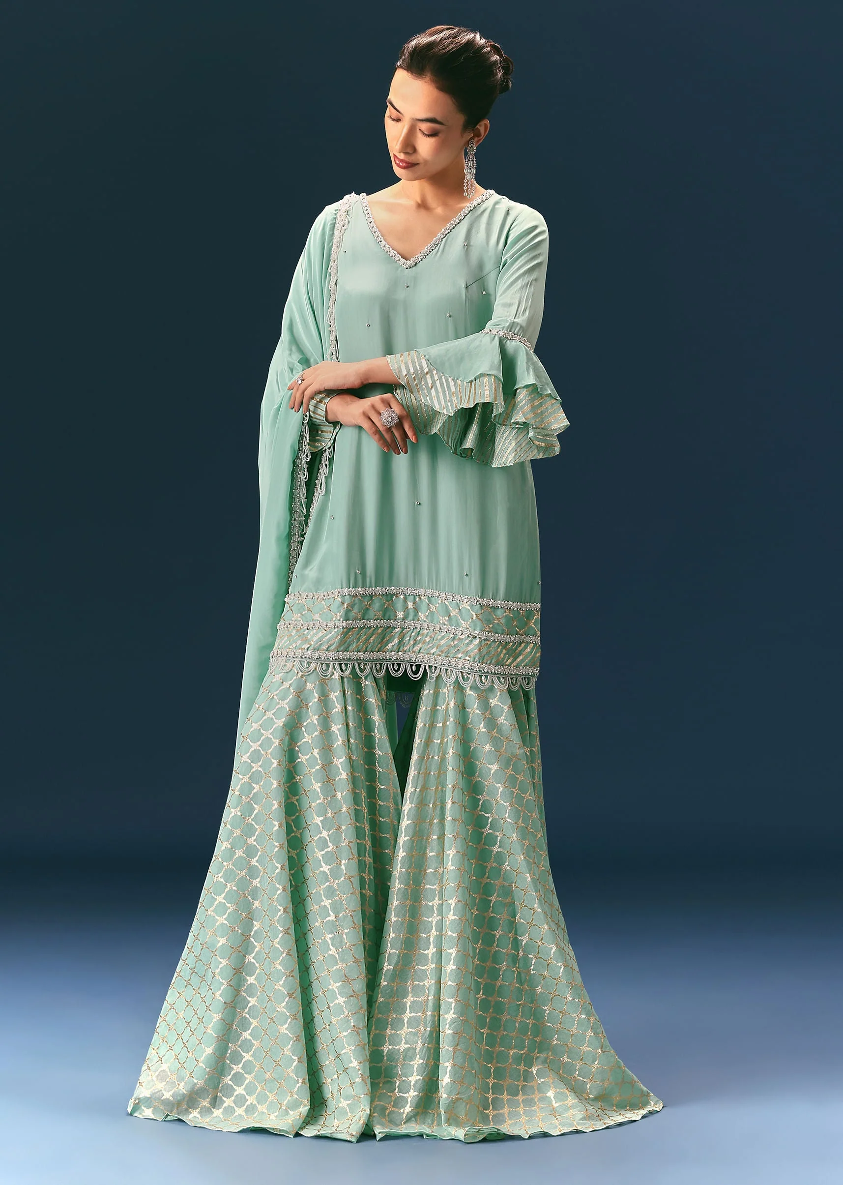 Light Blue Frill Sharara Suit With Tassel Dupatta - Image 3