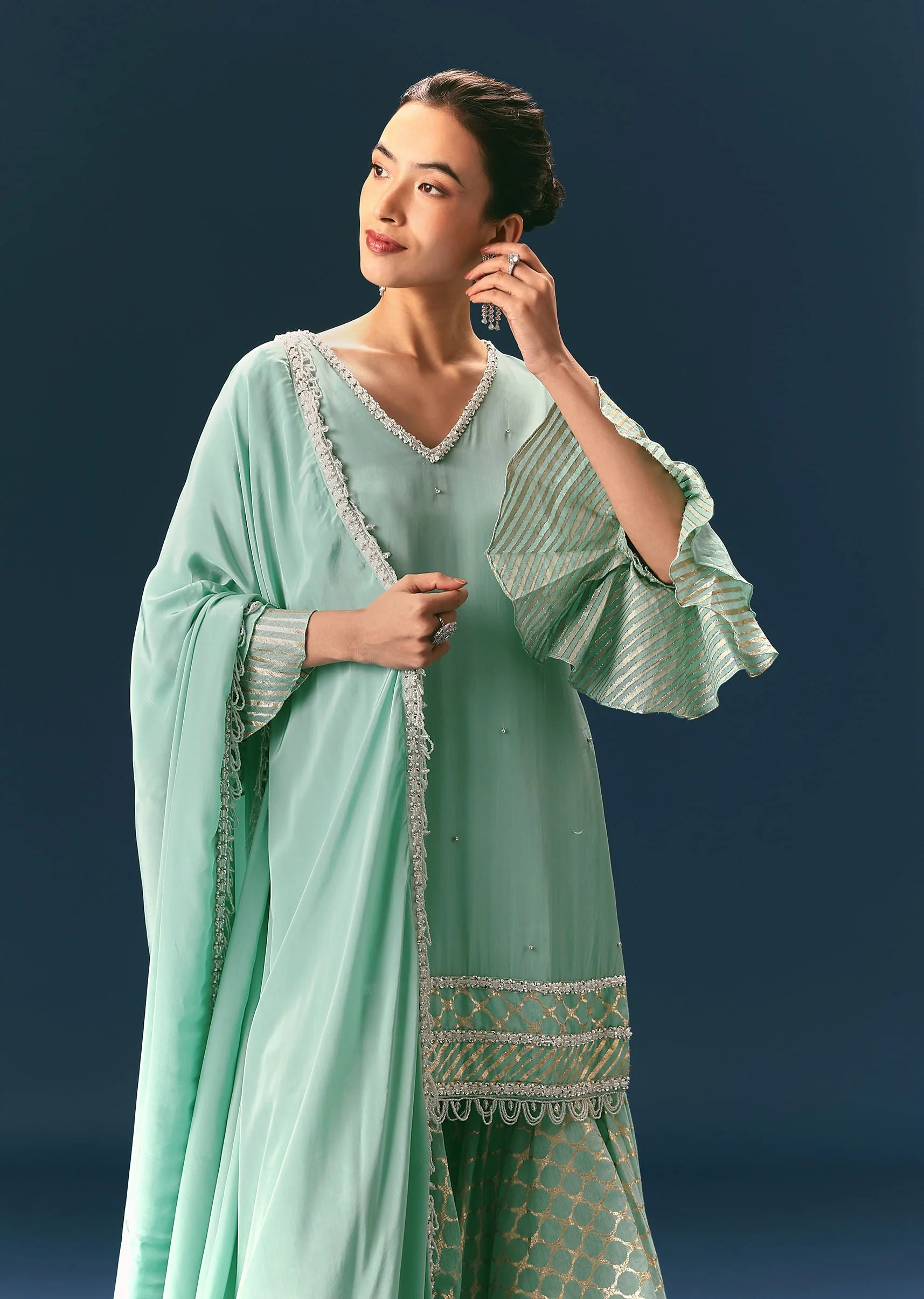 Light Blue Frill Sharara Suit With Tassel Dupatta - Image 4