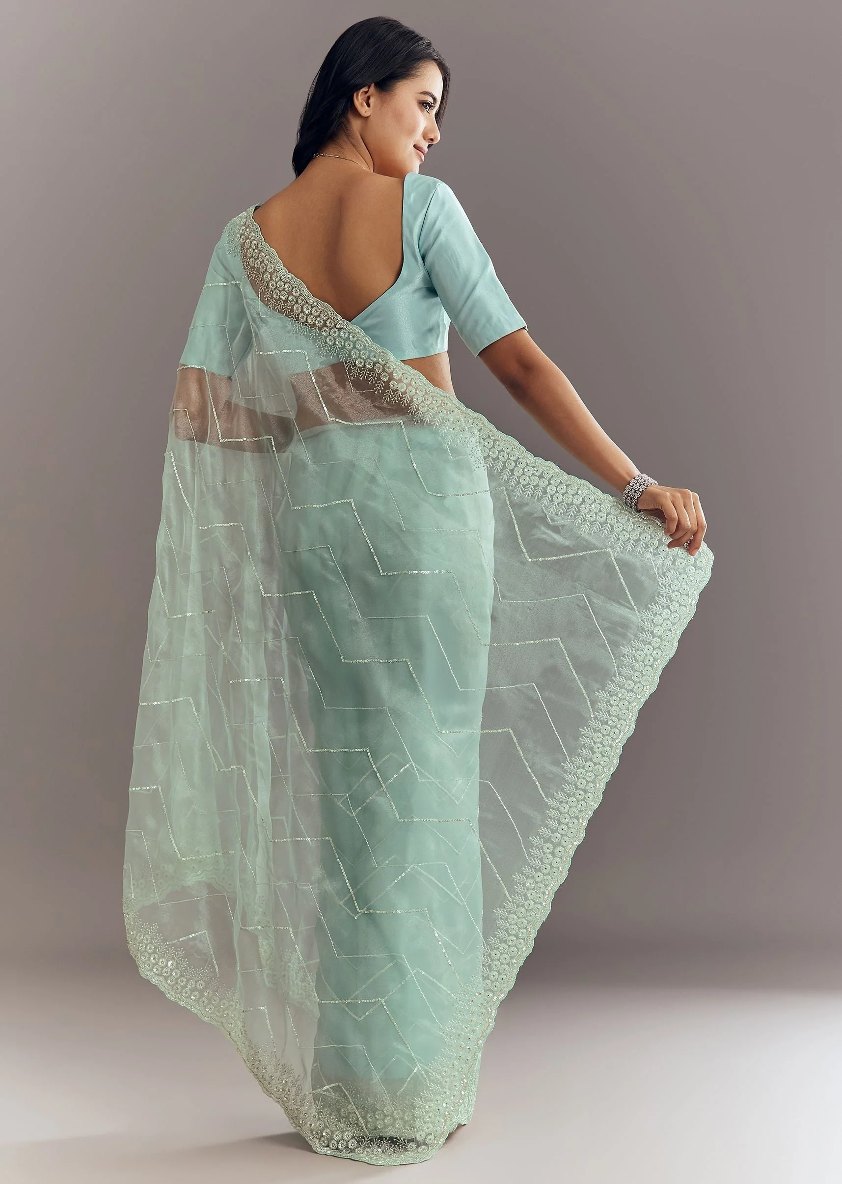 Light Blue Glass Tissue Saree With Stone Embroidery And Scallop Border - Image 4