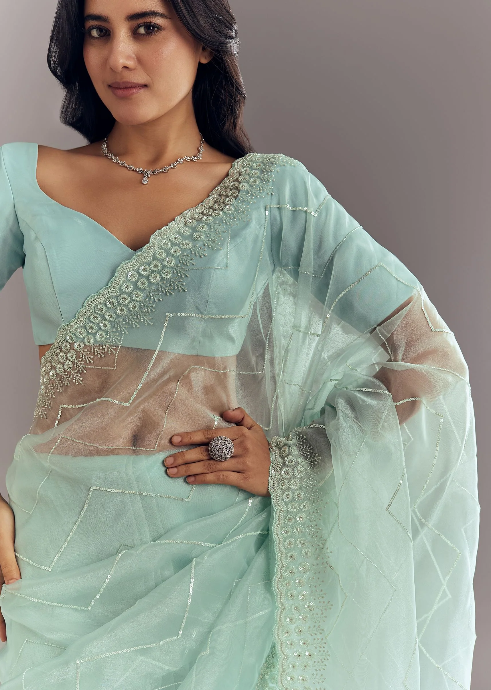 Light Blue Glass Tissue Saree With Stone Embroidery And Scallop Border - Image 5