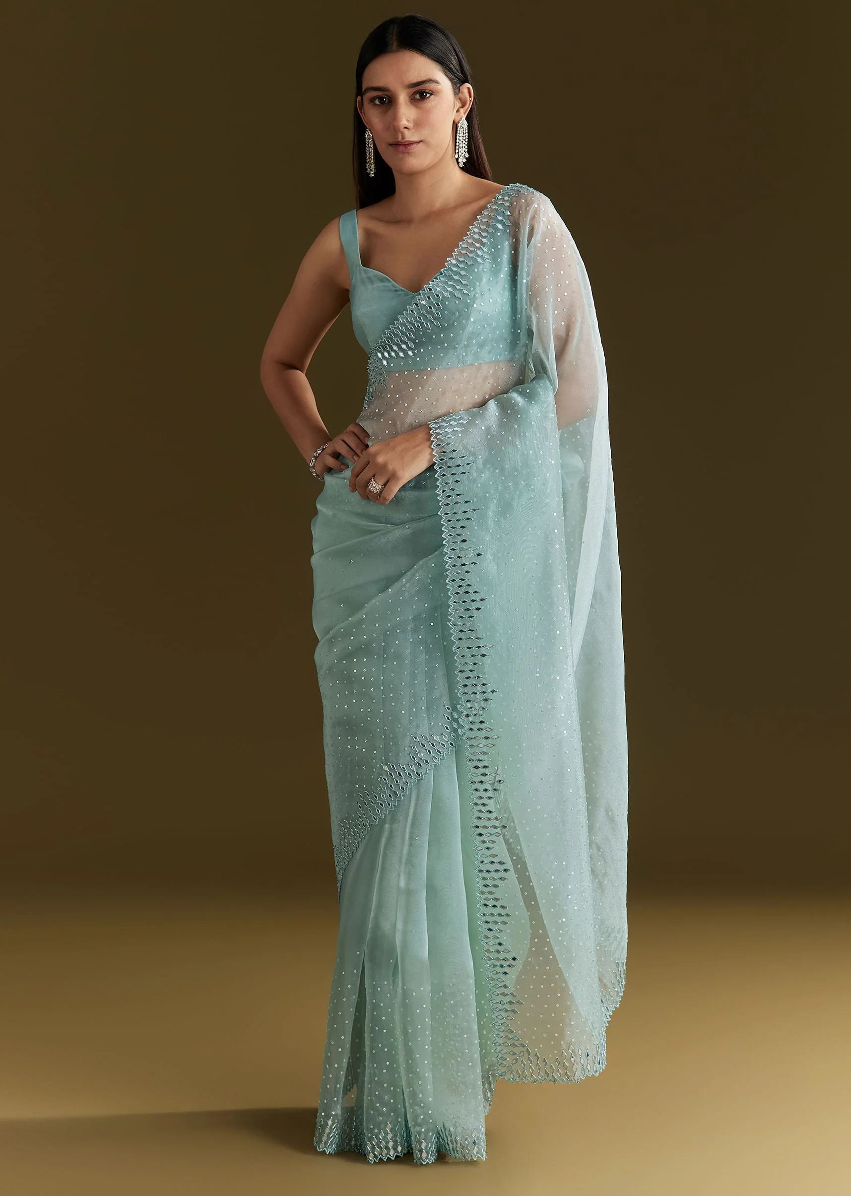 Light Blue Glossy Organza Saree With Scallop Border