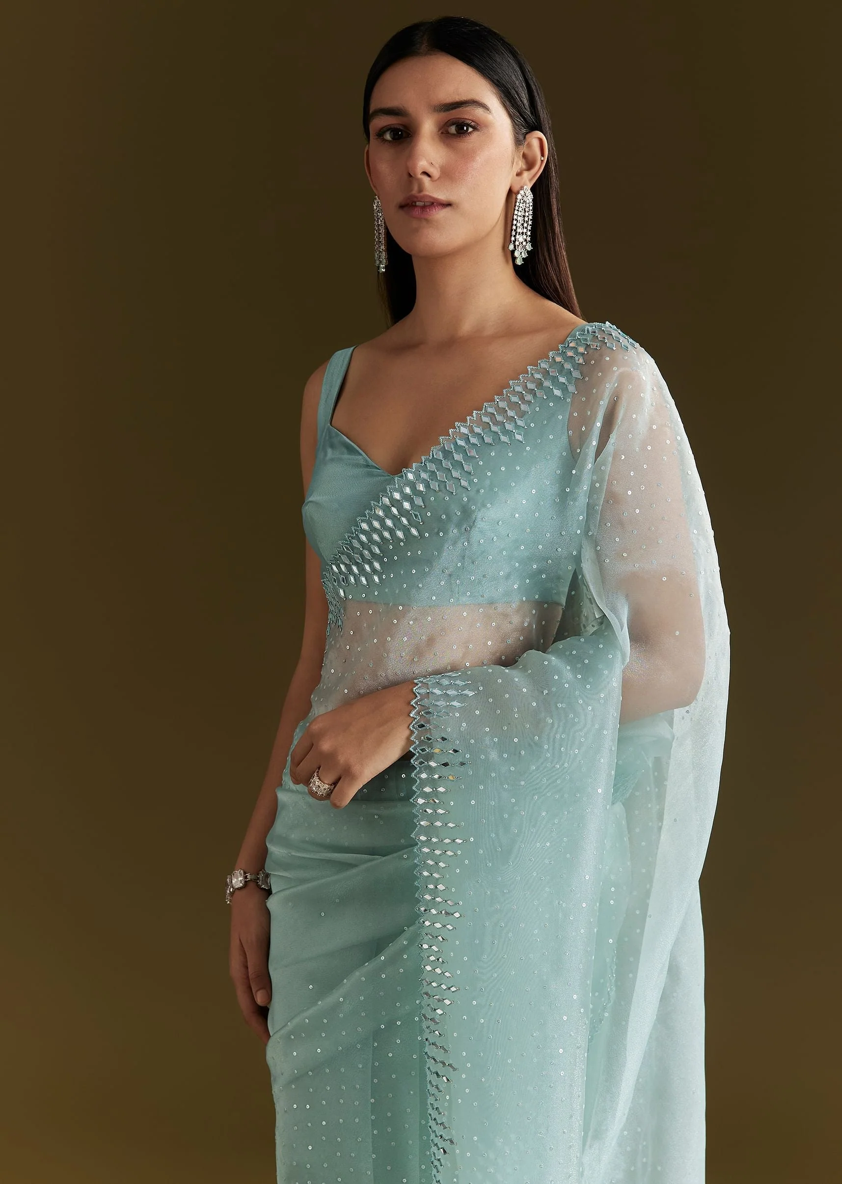 Light Blue Glossy Organza Saree With Scallop Border - Image 2