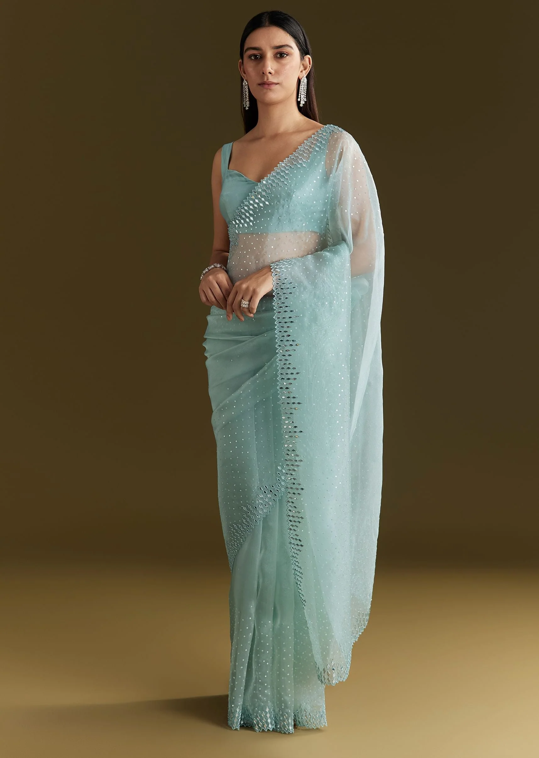 Light Blue Glossy Organza Saree With Scallop Border - Image 3