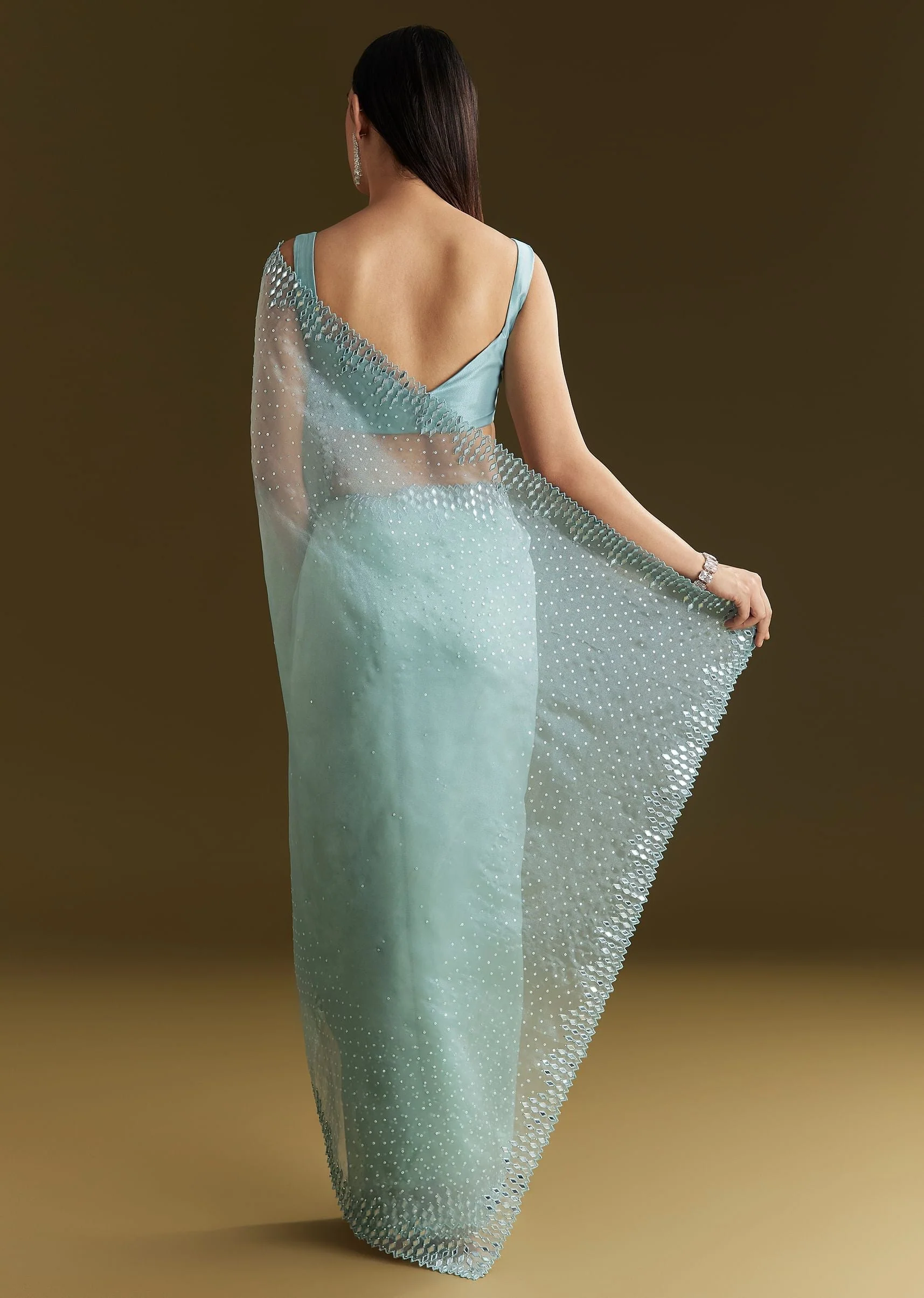 Light Blue Glossy Organza Saree With Scallop Border - Image 4