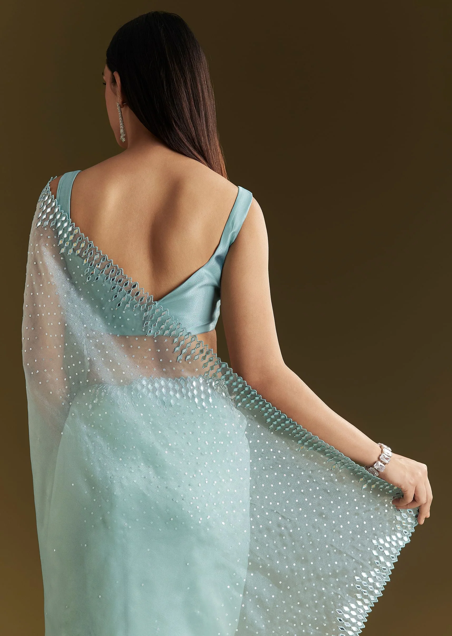 Light Blue Glossy Organza Saree With Scallop Border - Image 6