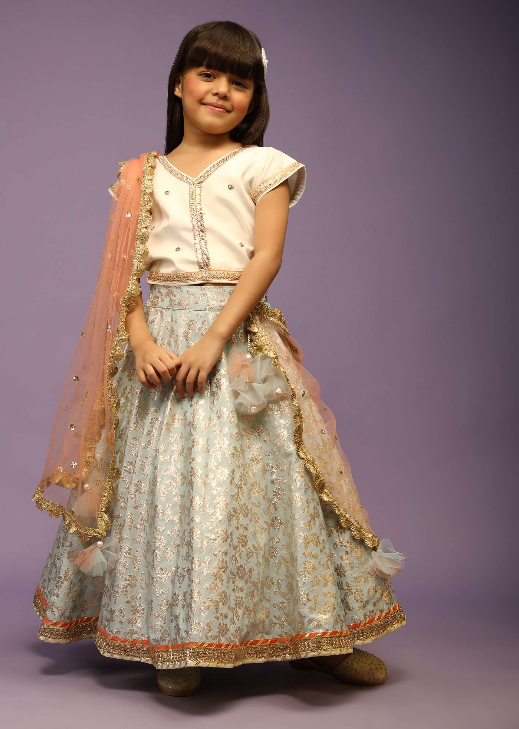 Kalki Girls Light Blue Lehenga In Brocade Silk With Weaved Floral Jaal And Off White Choli - Image 3