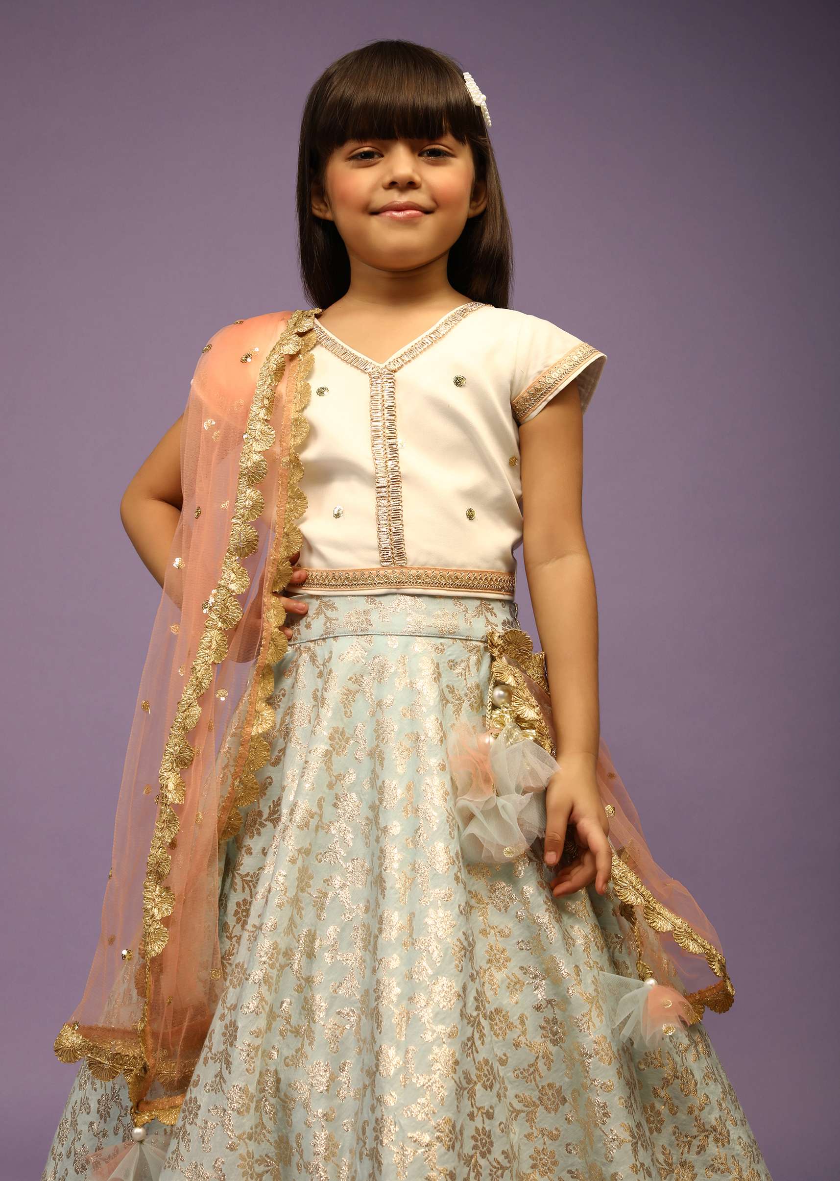 Kalki Girls Light Blue Lehenga In Brocade Silk With Weaved Floral Jaal And Off White Choli - Image 4