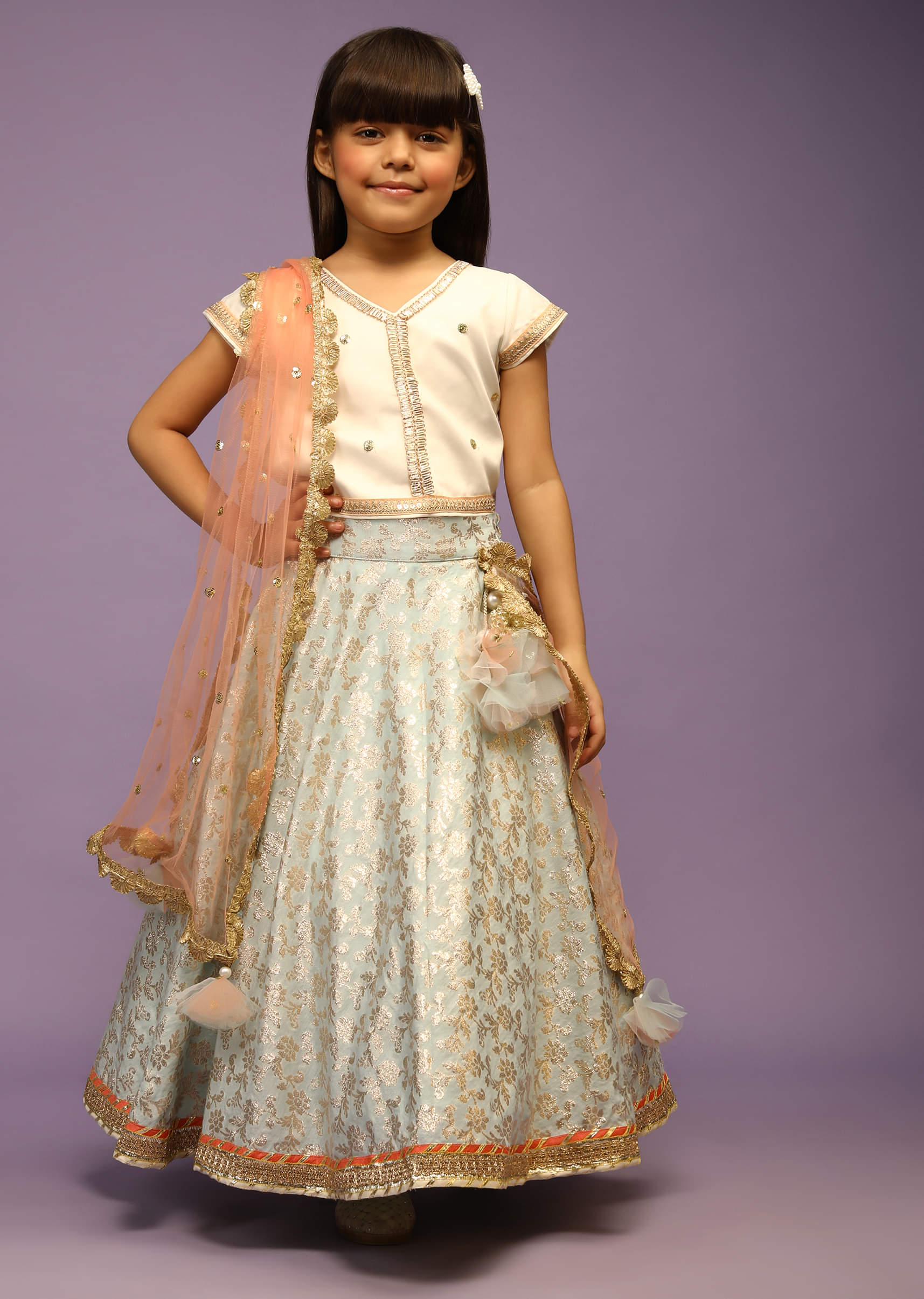 Kalki Girls Light Blue Lehenga In Brocade Silk With Weaved Floral Jaal And Off White Choli - Image 6