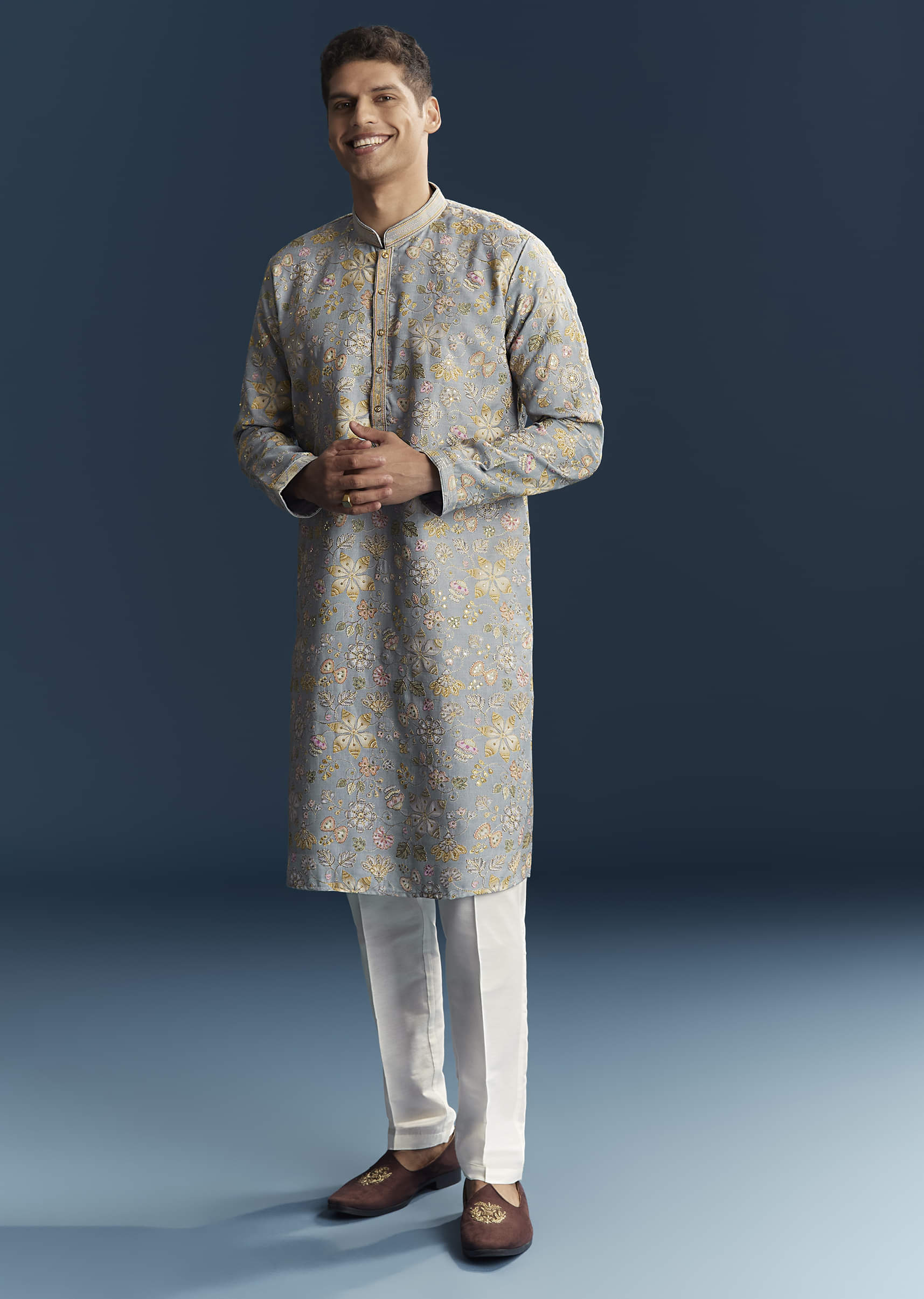 Light Blue Silk Kurta Set For Men With Thread Embroidery - Image 2