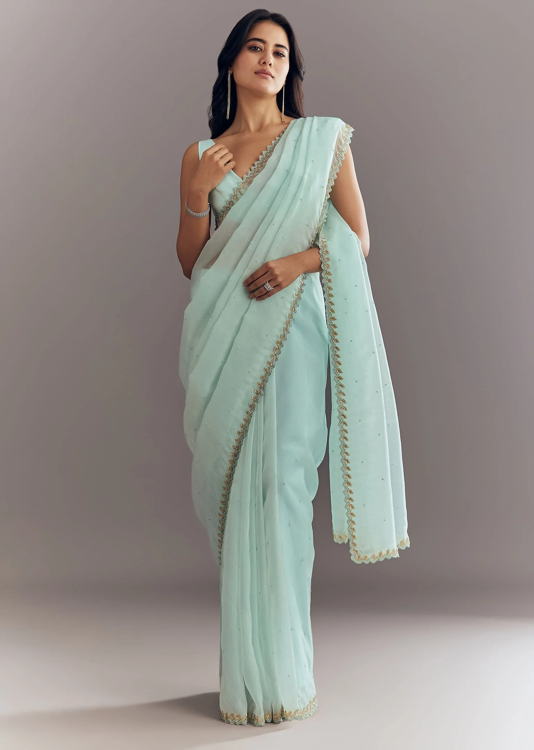 Light Blue Tissue Saree With Cutdana And Beads Embroidery And Cutwork Scallop Border - Image 3